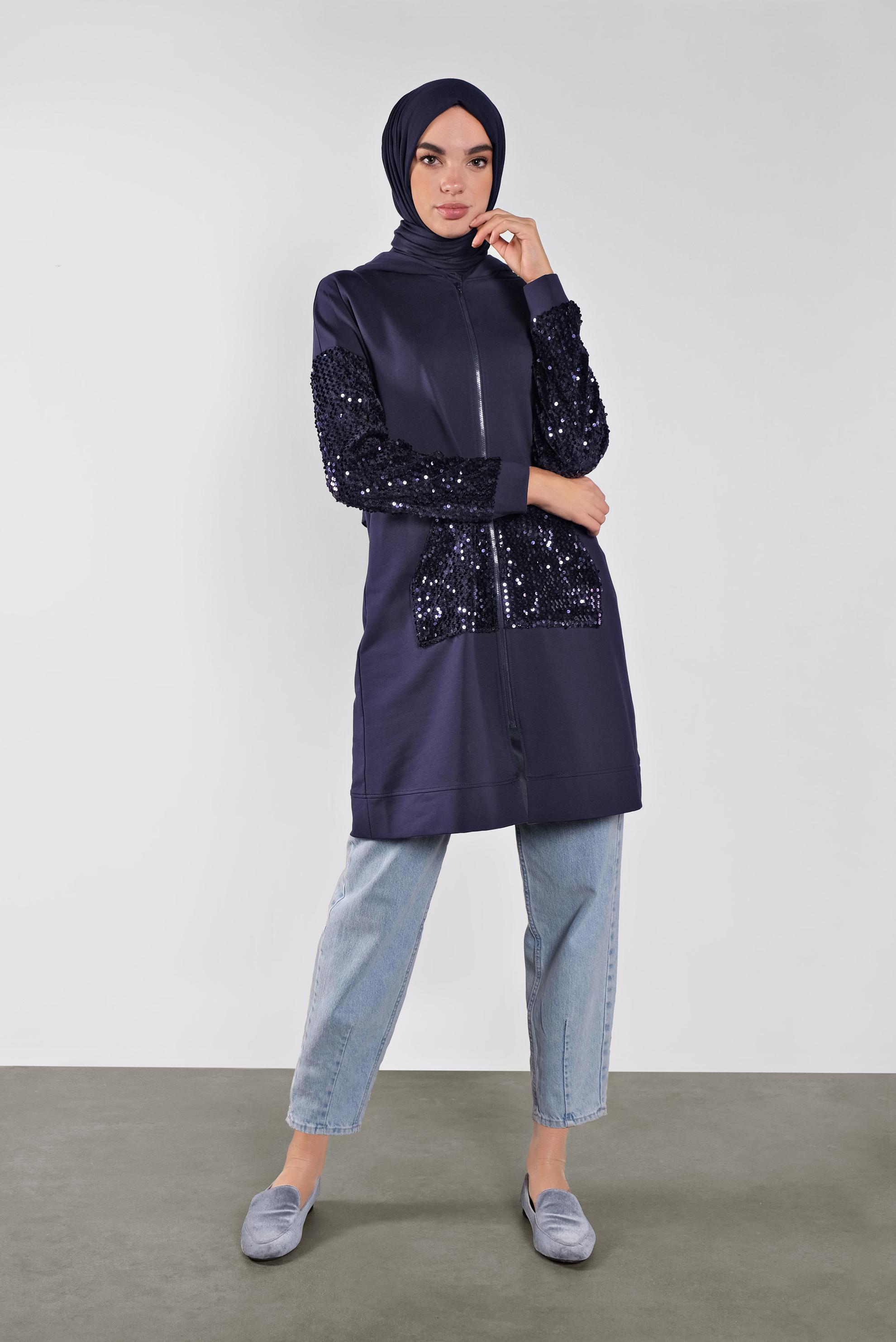Tesettür giyim LACİVERT PUL PAYETLİ EŞOFMAN TUNİK 41269 