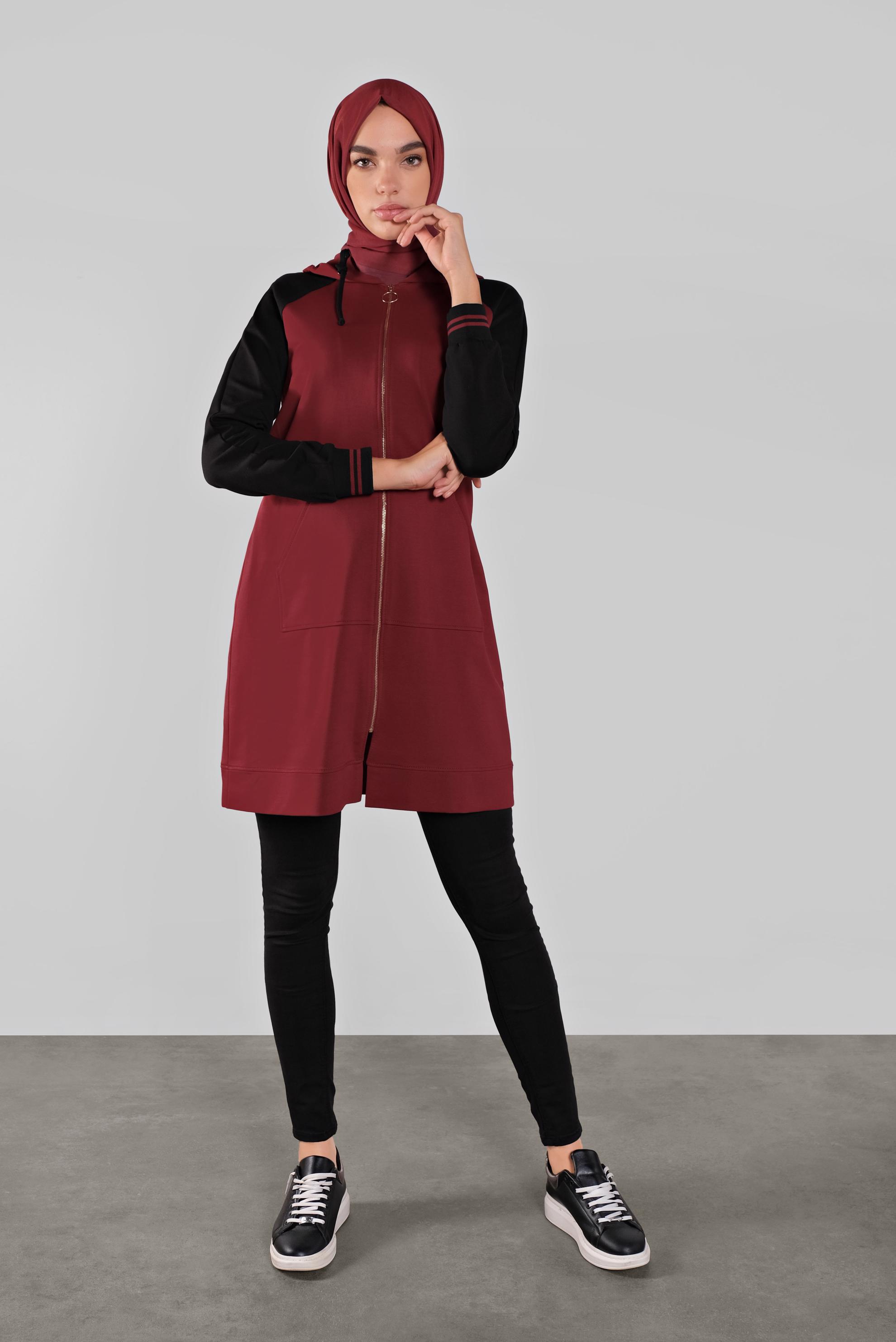 Tesettür giyim BORDO FERMUARLI KAPÜŞONLU EŞOFMAN TUNİK 41270 