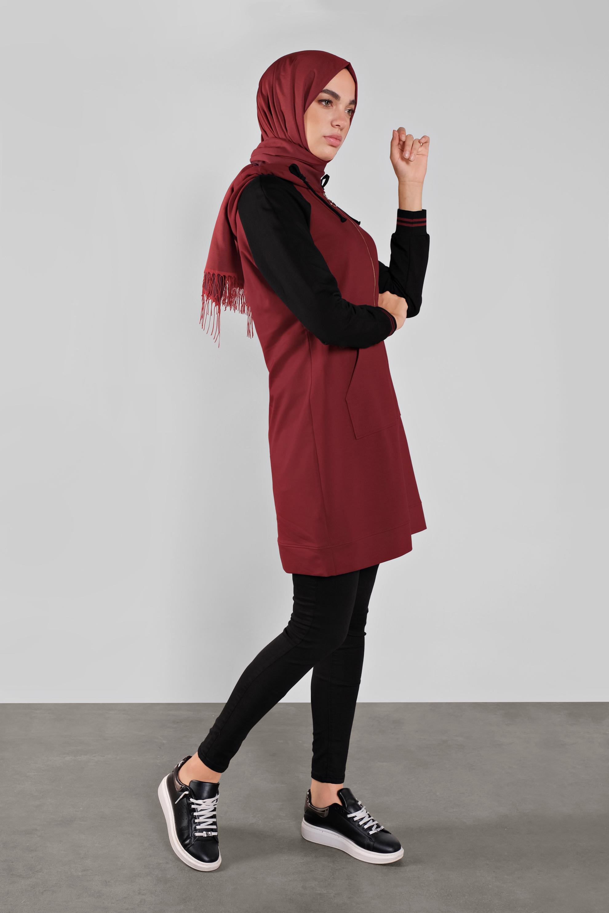 Tesettür giyim BORDO FERMUARLI KAPÜŞONLU EŞOFMAN TUNİK 41270 