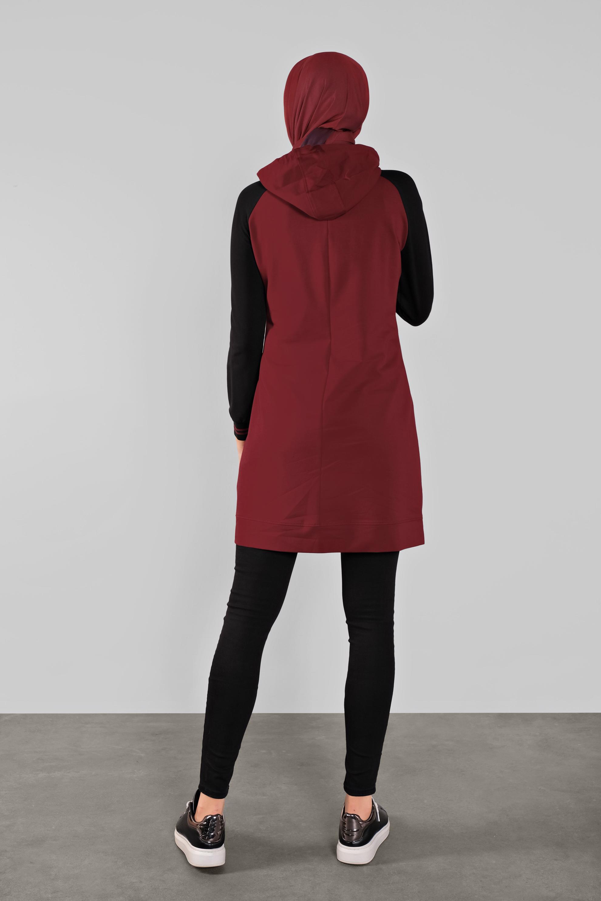 Tesettür giyim BORDO FERMUARLI KAPÜŞONLU EŞOFMAN TUNİK 41270 