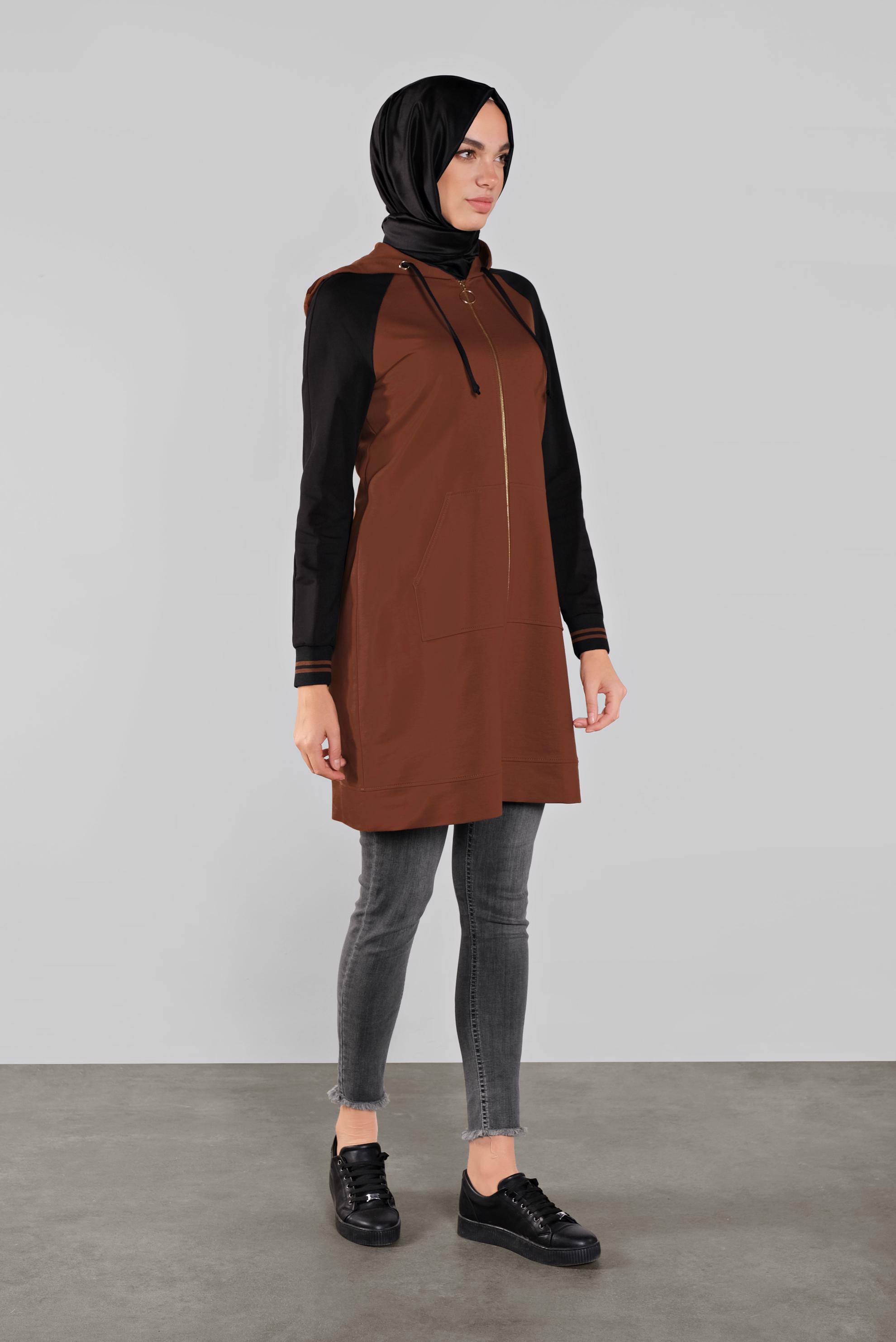 Tesettür giyim TURUNCU FERMUARLI KAPÜŞONLU EŞOFMAN TUNİK 41270 