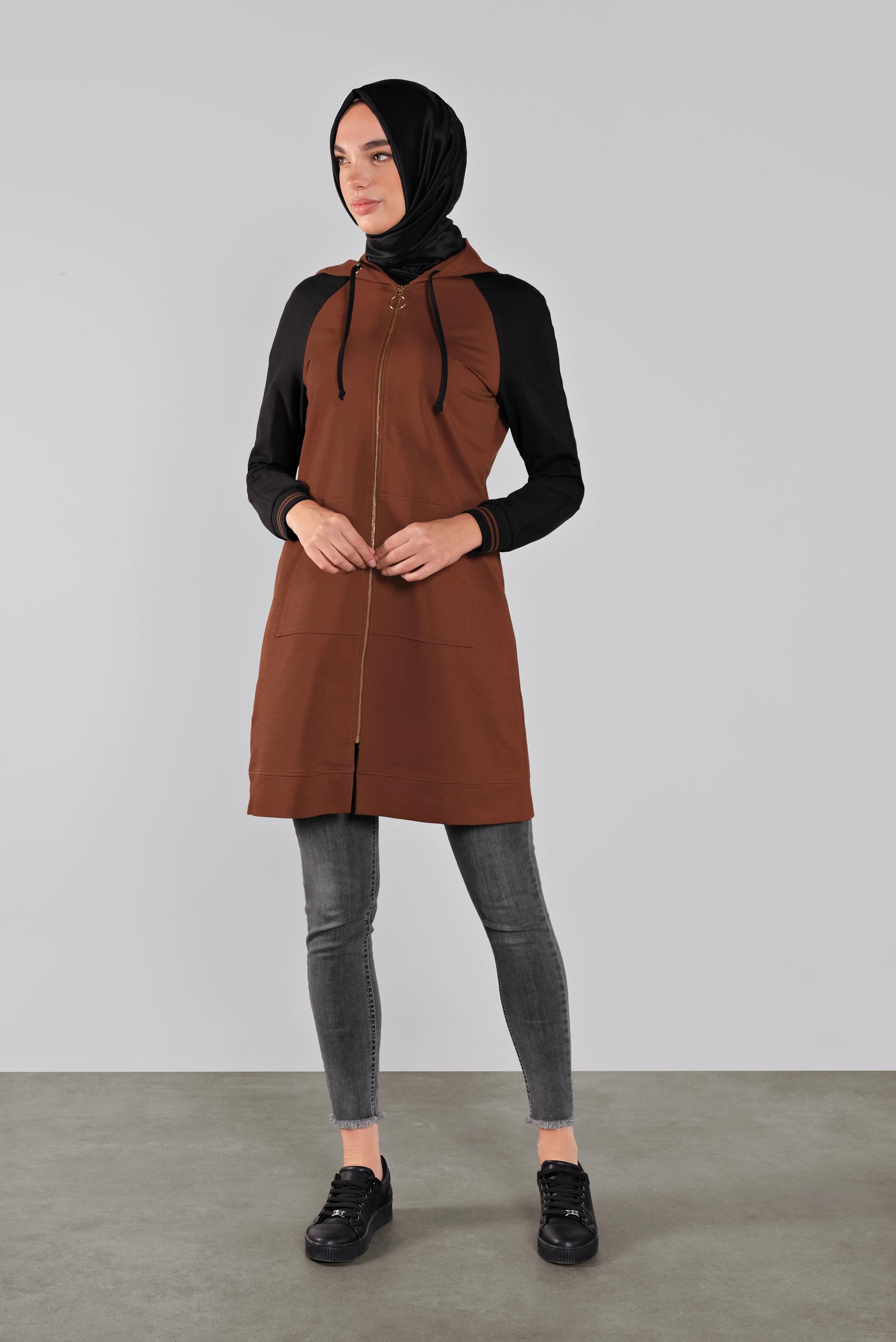 Tesettür giyim TURUNCU FERMUARLI KAPÜŞONLU EŞOFMAN TUNİK 41270 