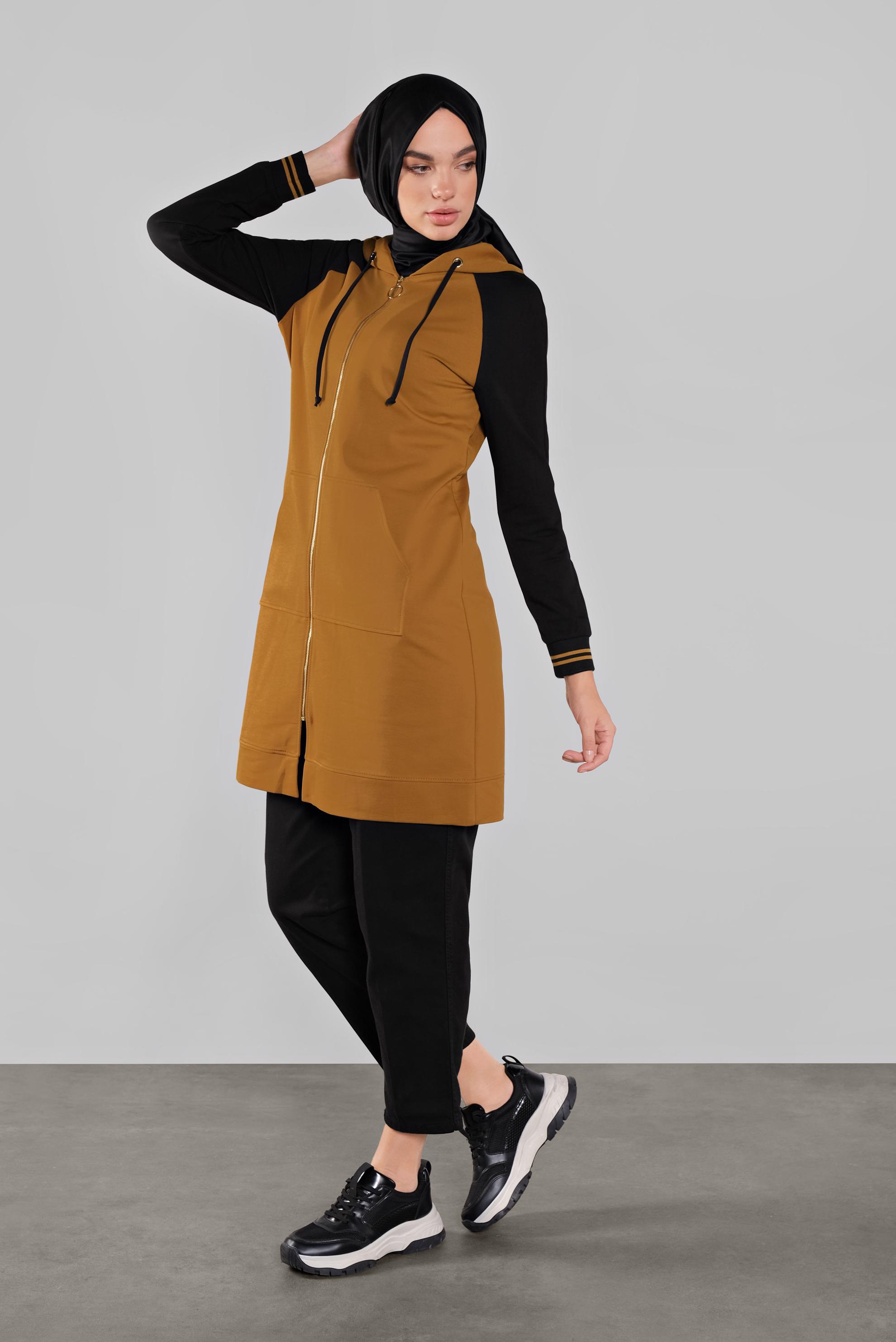 Tesettür giyim SARI FERMUARLI KAPÜŞONLU EŞOFMAN TUNİK 41270 