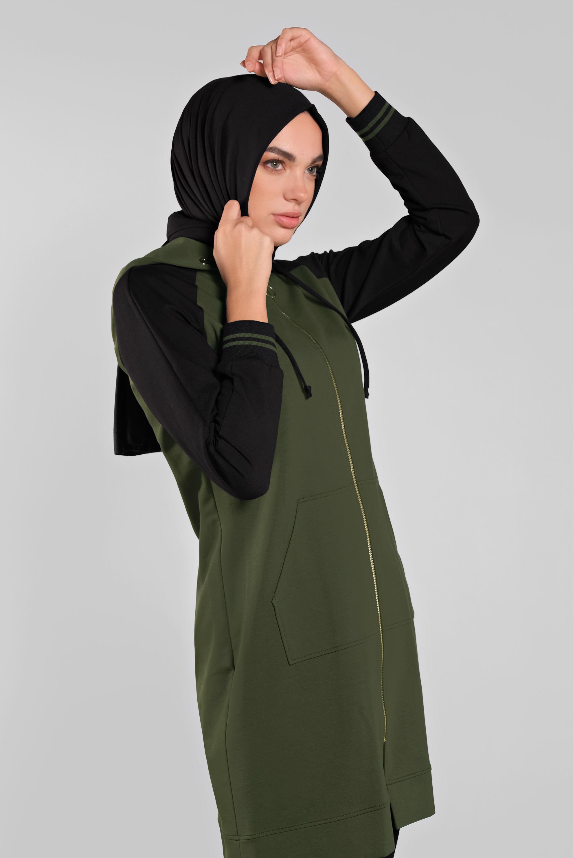 Tesettür giyim HAKİ FERMUARLI KAPÜŞONLU EŞOFMAN TUNİK 41270 