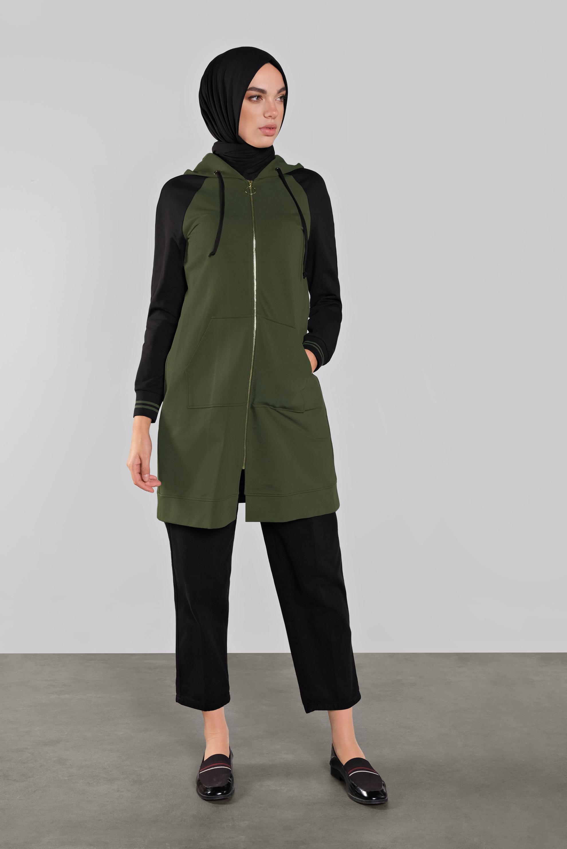 Tesettür giyim HAKİ FERMUARLI KAPÜŞONLU EŞOFMAN TUNİK 41270 