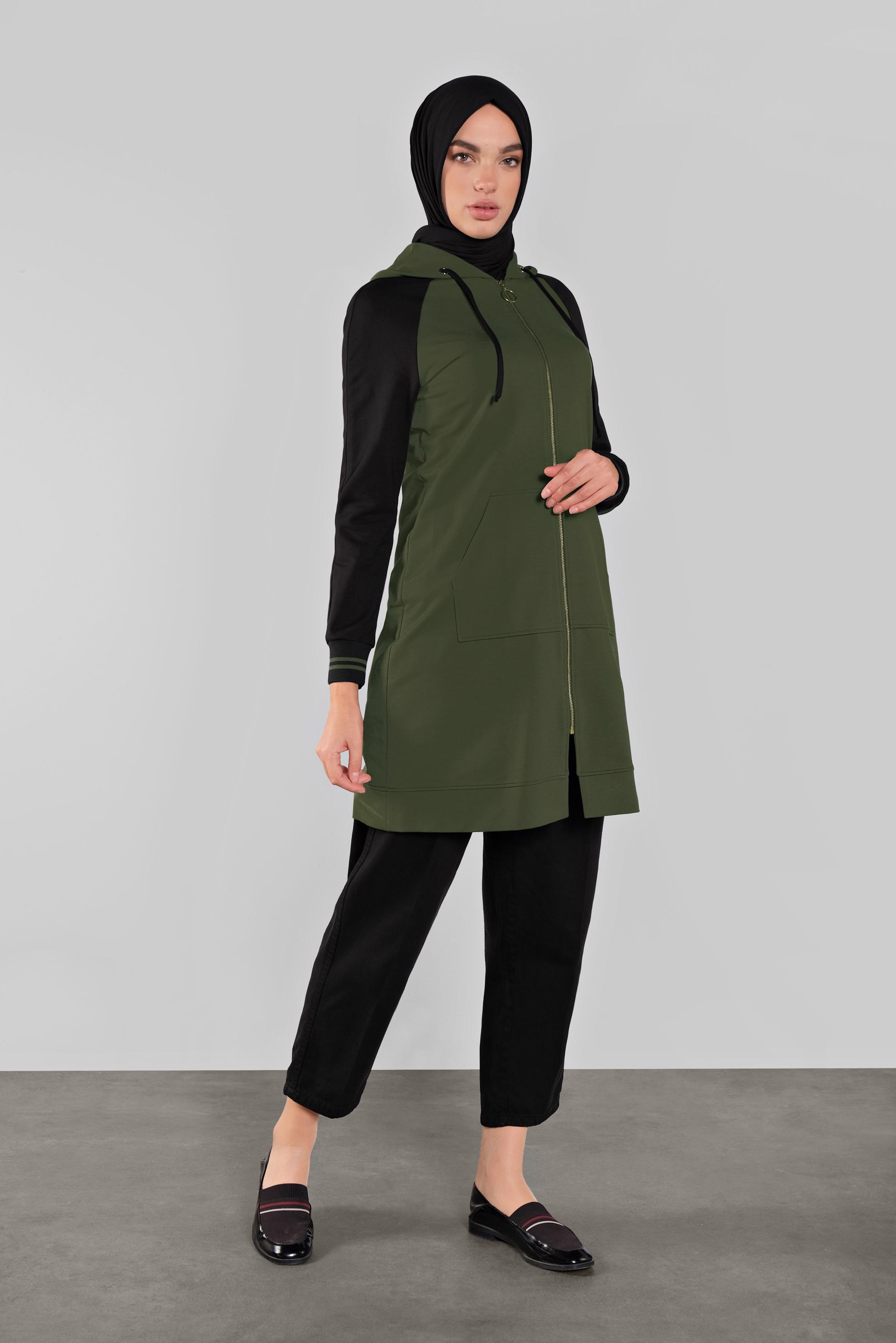 Tesettür giyim HAKİ FERMUARLI KAPÜŞONLU EŞOFMAN TUNİK 41270 