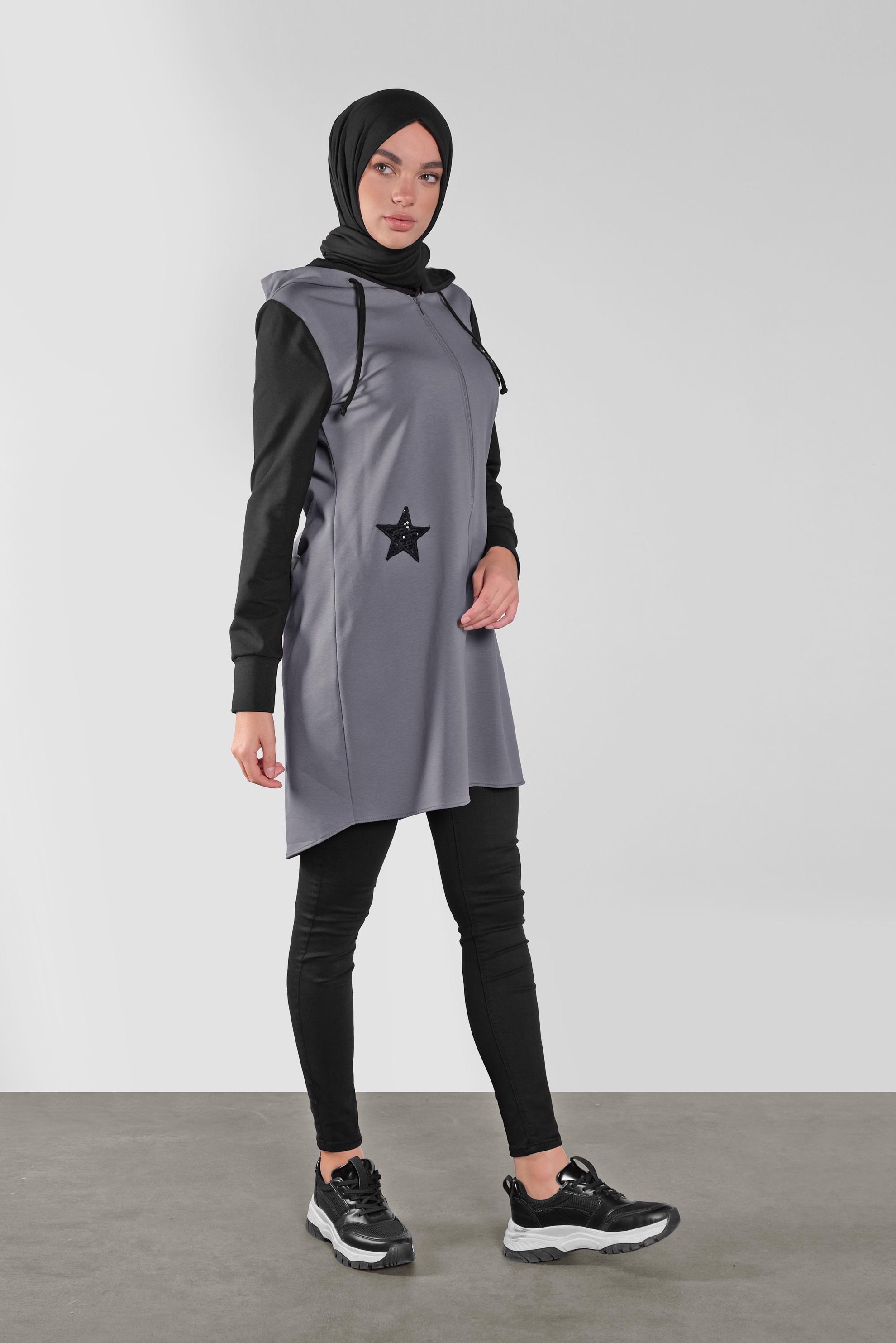 Tesettür giyim GRİ PULLU HARF İŞLEMELİ EŞOFMAN TUNİK  41271 