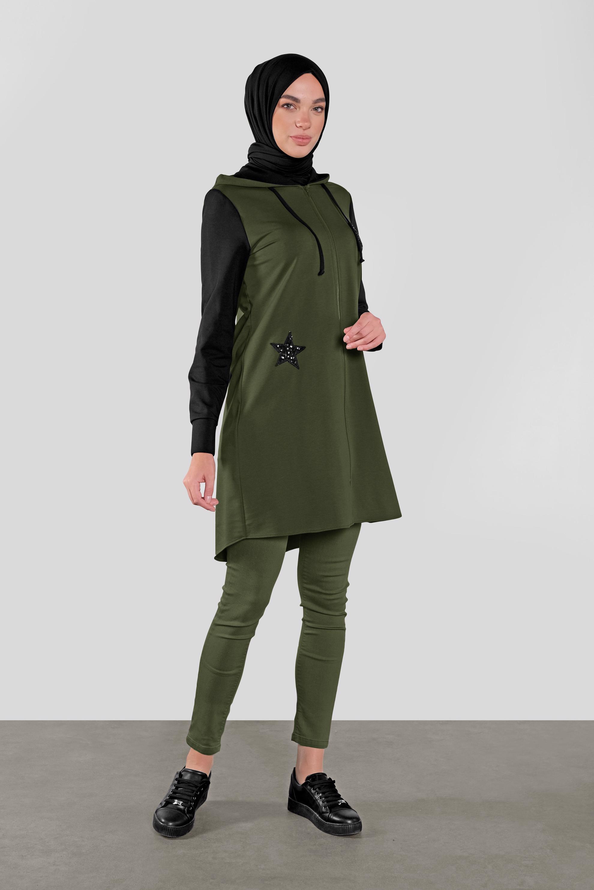 Tesettür giyim HAKİ PULLU HARF İŞLEMELİ EŞOFMAN TUNİK  41271 