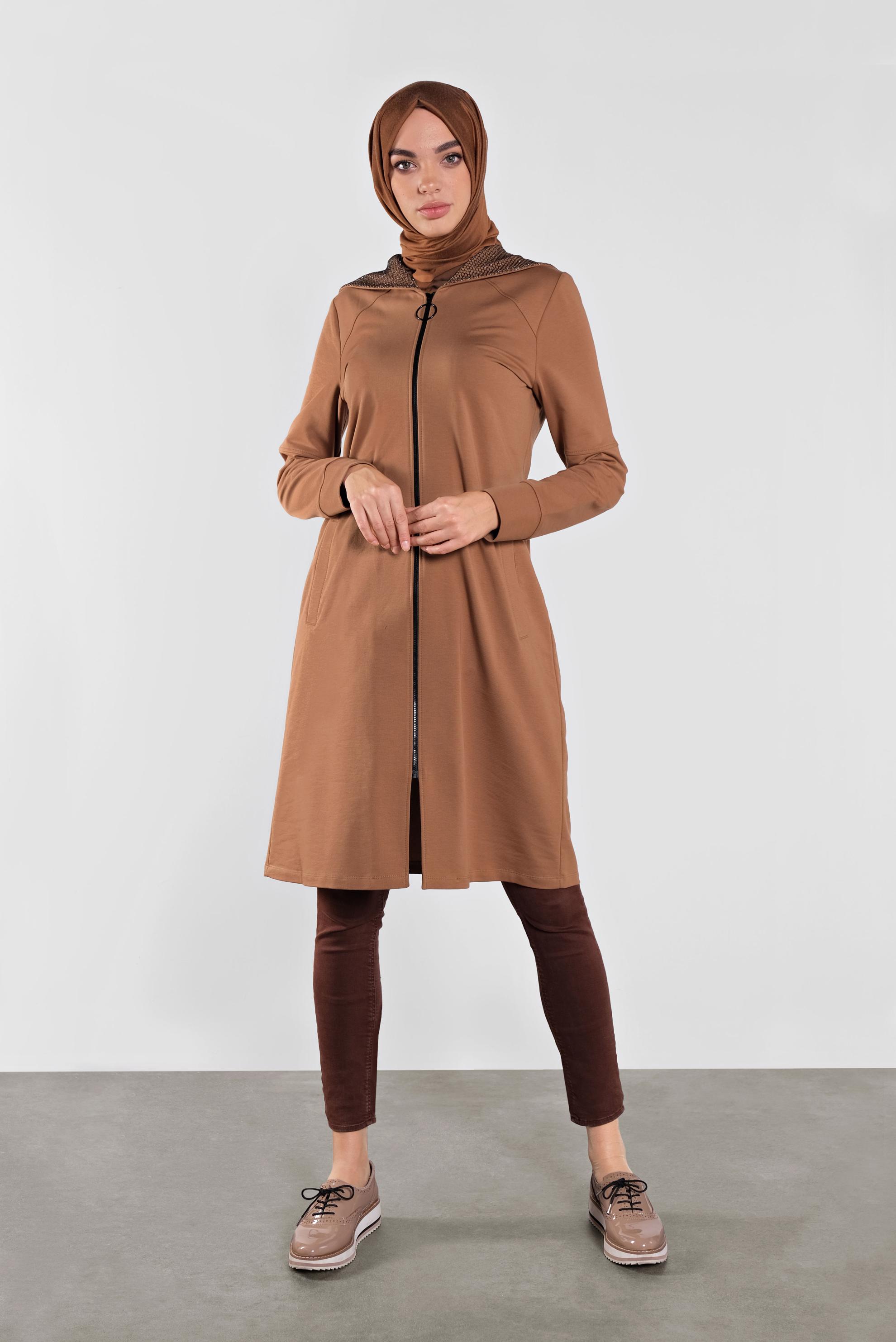 Tesettür giyim TABA PAMUKLU  SİMLİ FİLE DETAYLI EŞOFMAN TUNİK 41272 