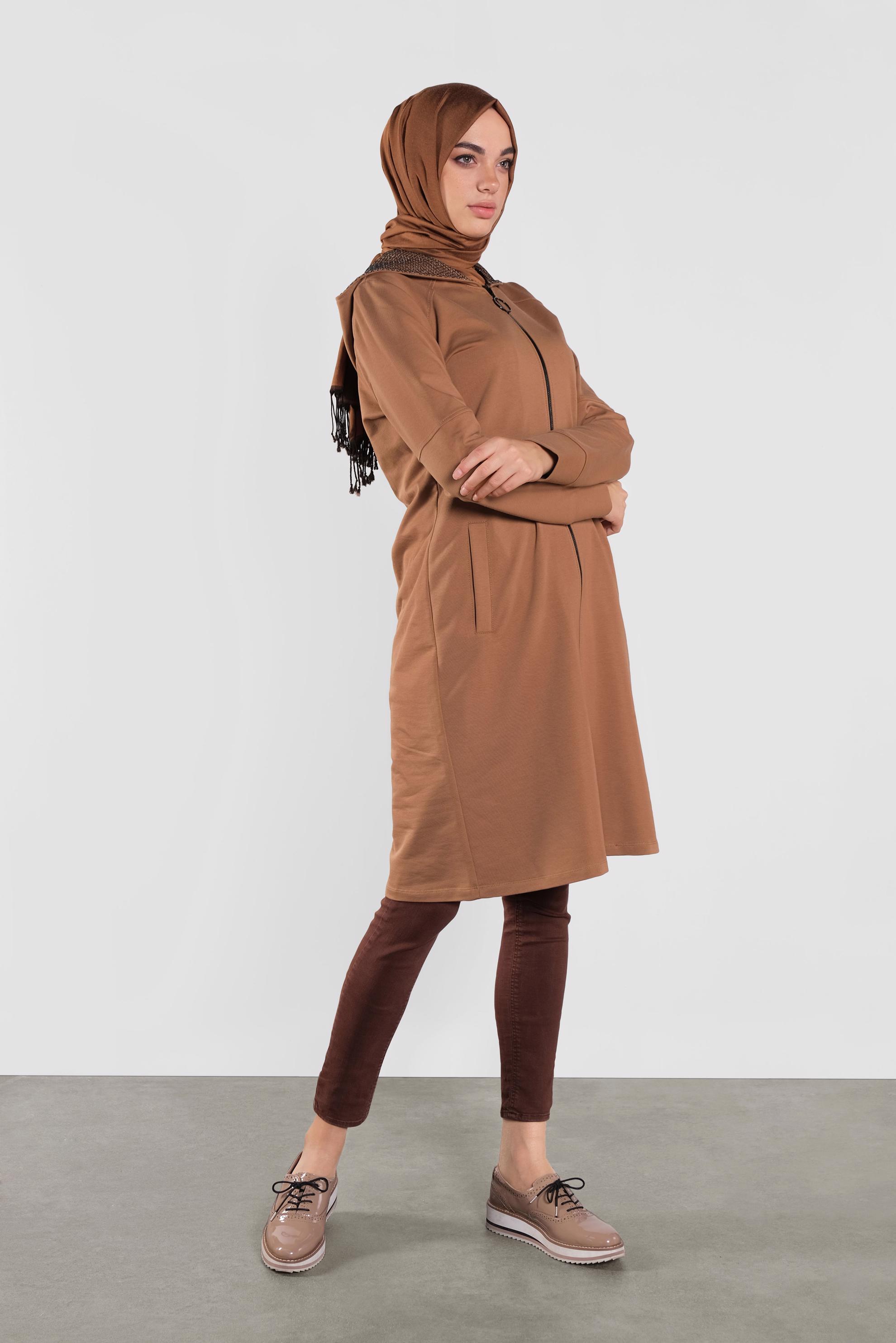 Tesettür giyim TABA PAMUKLU  SİMLİ FİLE DETAYLI EŞOFMAN TUNİK 41272 