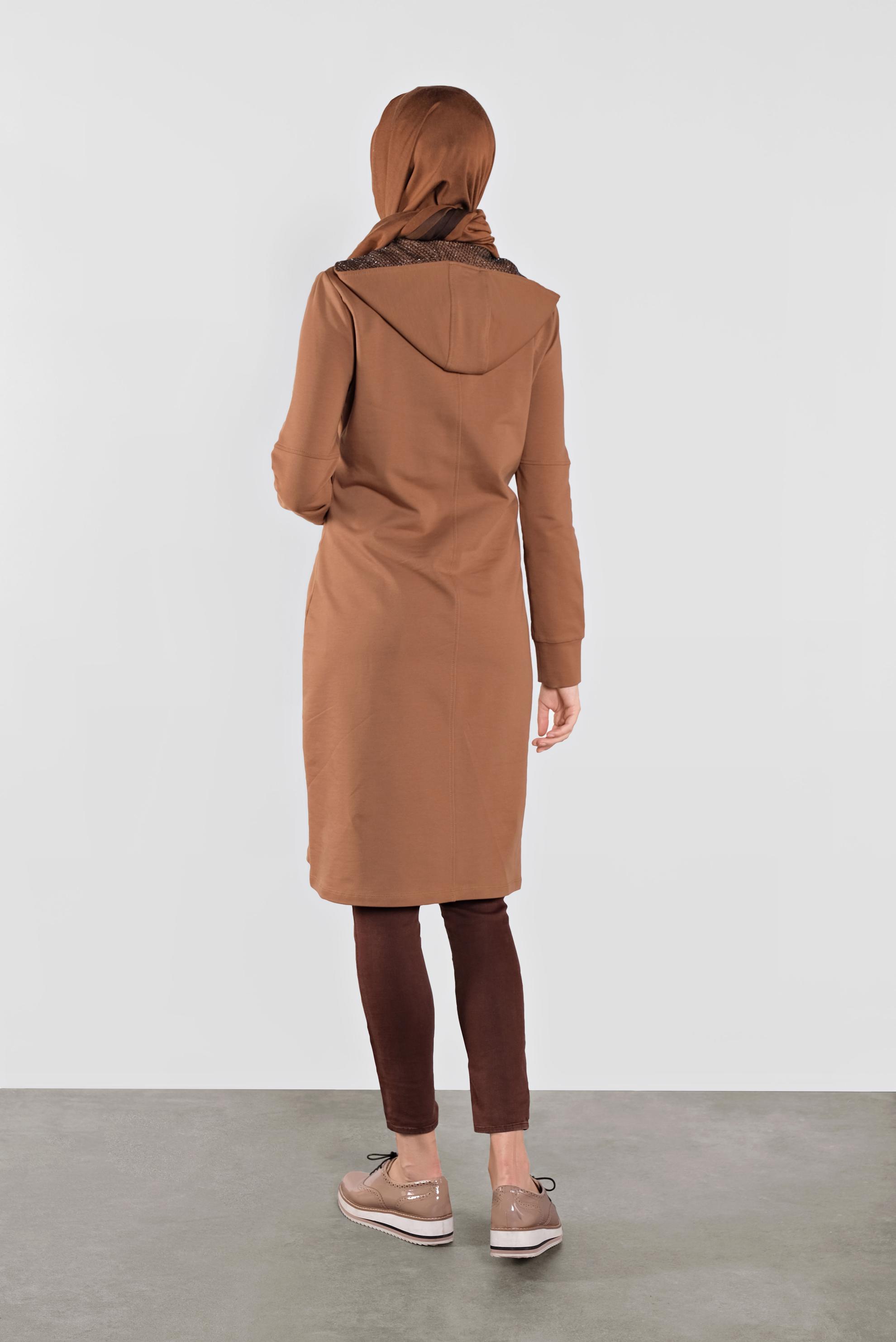 Tesettür giyim TABA PAMUKLU  SİMLİ FİLE DETAYLI EŞOFMAN TUNİK 41272 