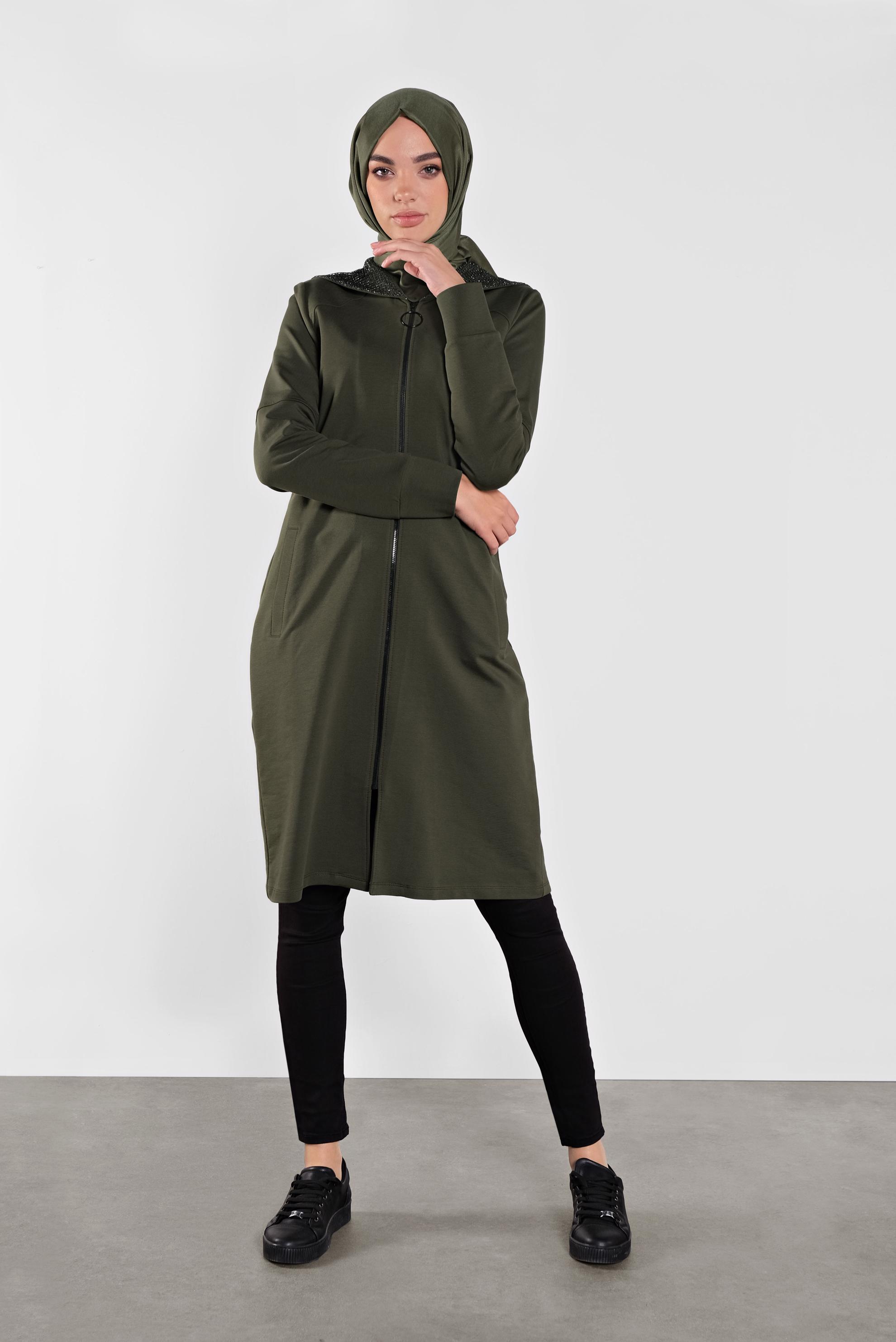 Tesettür giyim HAKİ PAMUKLU  SİMLİ FİLE DETAYLI EŞOFMAN TUNİK 41272 