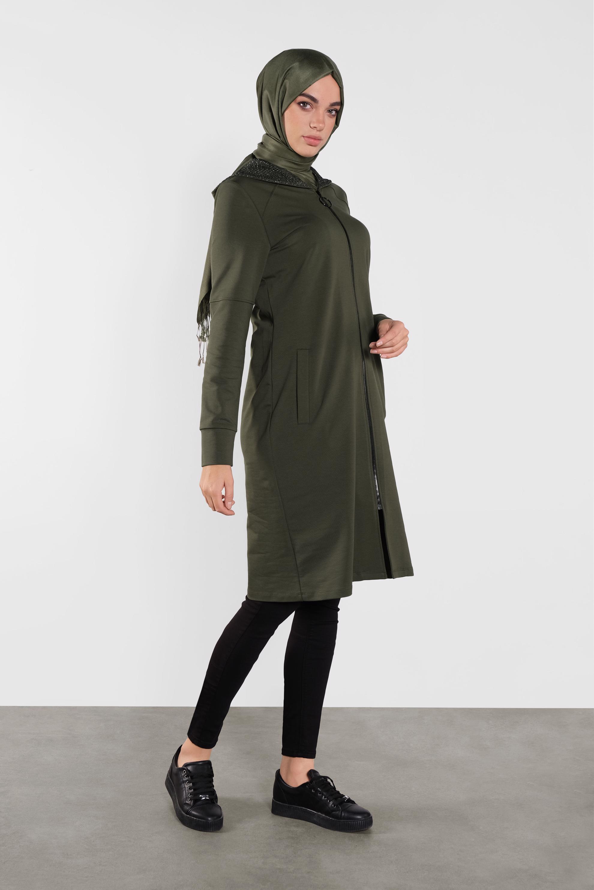 Tesettür giyim HAKİ PAMUKLU  SİMLİ FİLE DETAYLI EŞOFMAN TUNİK 41272 