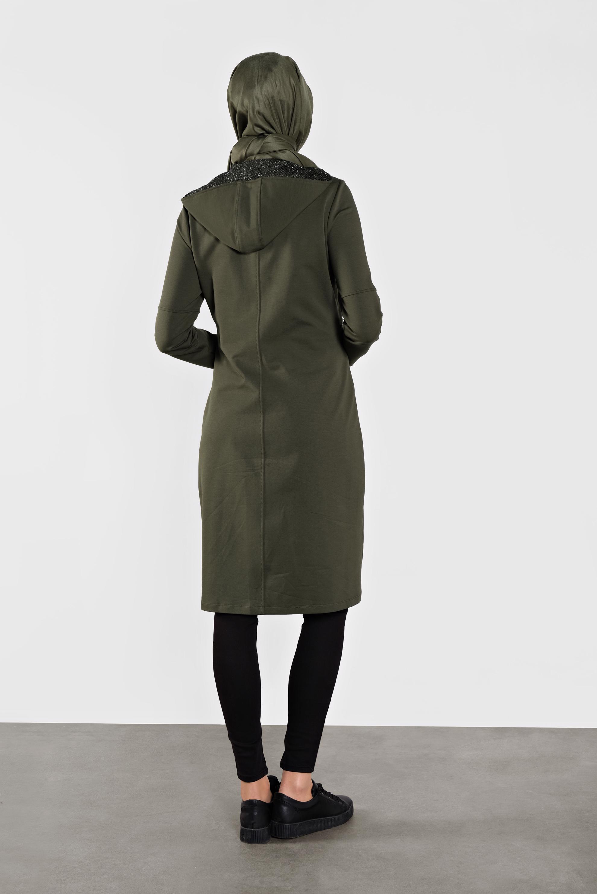 Tesettür giyim HAKİ PAMUKLU  SİMLİ FİLE DETAYLI EŞOFMAN TUNİK 41272 