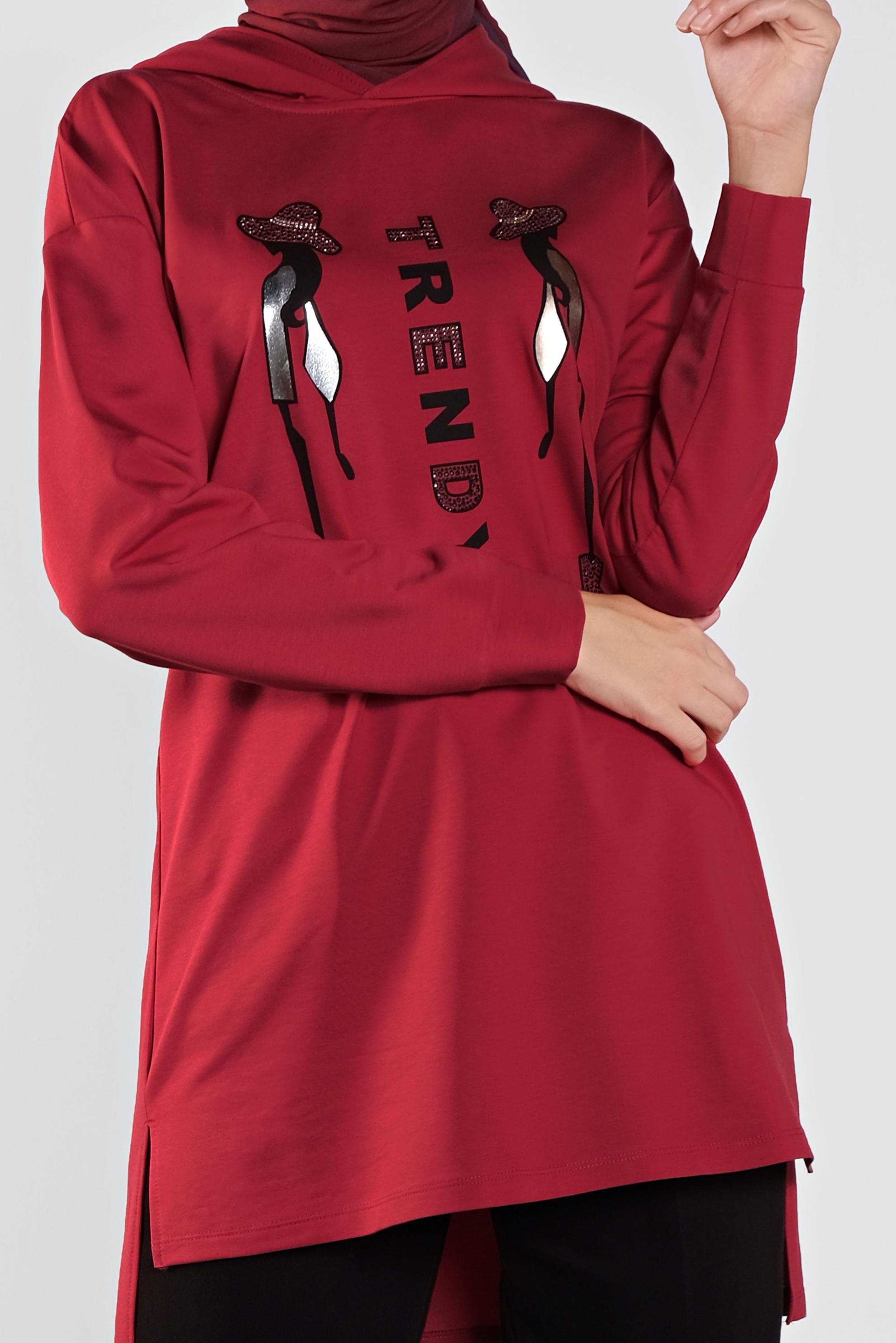 Tesettür giyim KIRMIZI PAMUKLU BASKI DETAYLI EŞOFMAN TUNİK  41273