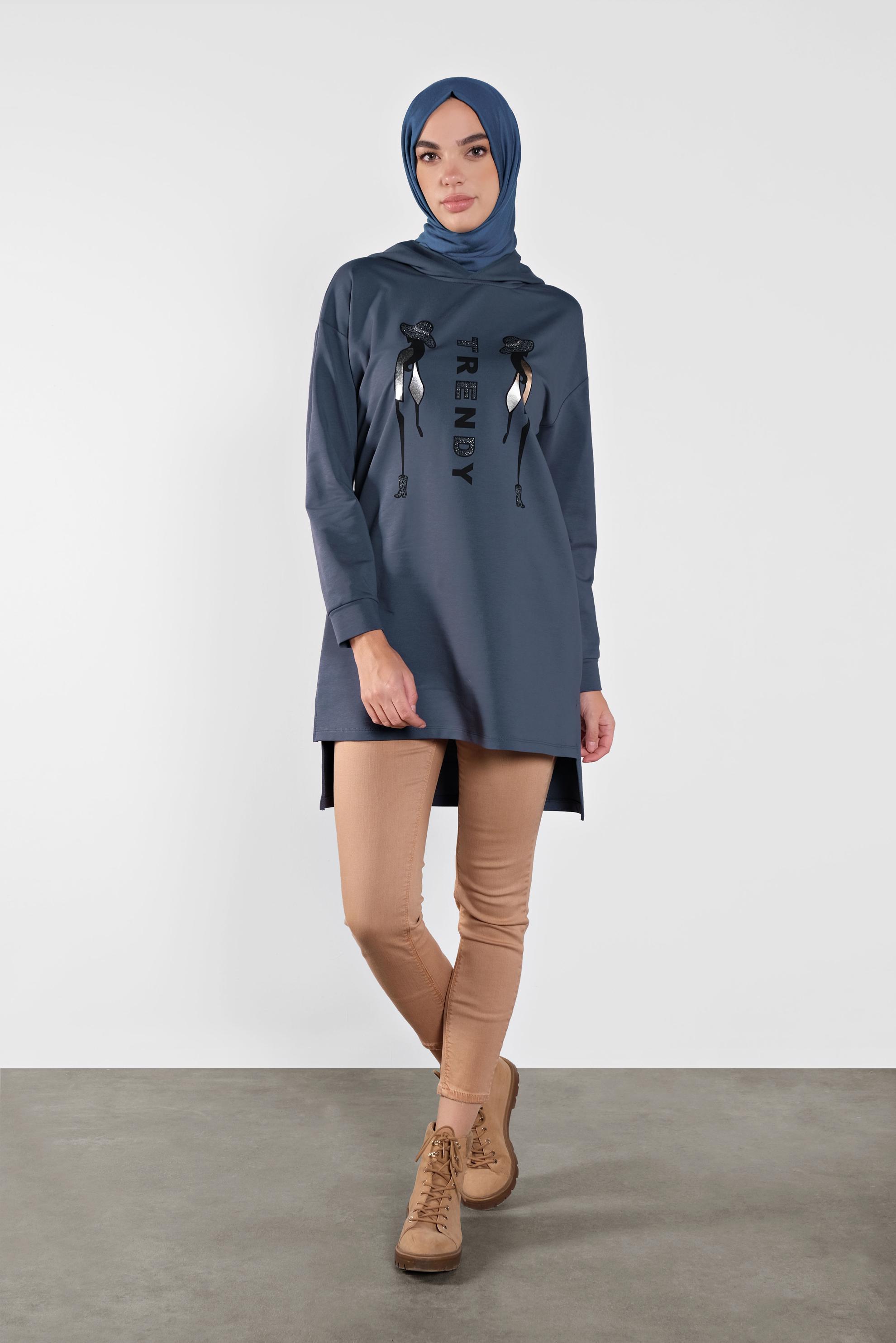 Tesettür giyim LACİVERT PAMUKLU BASKI DETAYLI EŞOFMAN TUNİK  41273