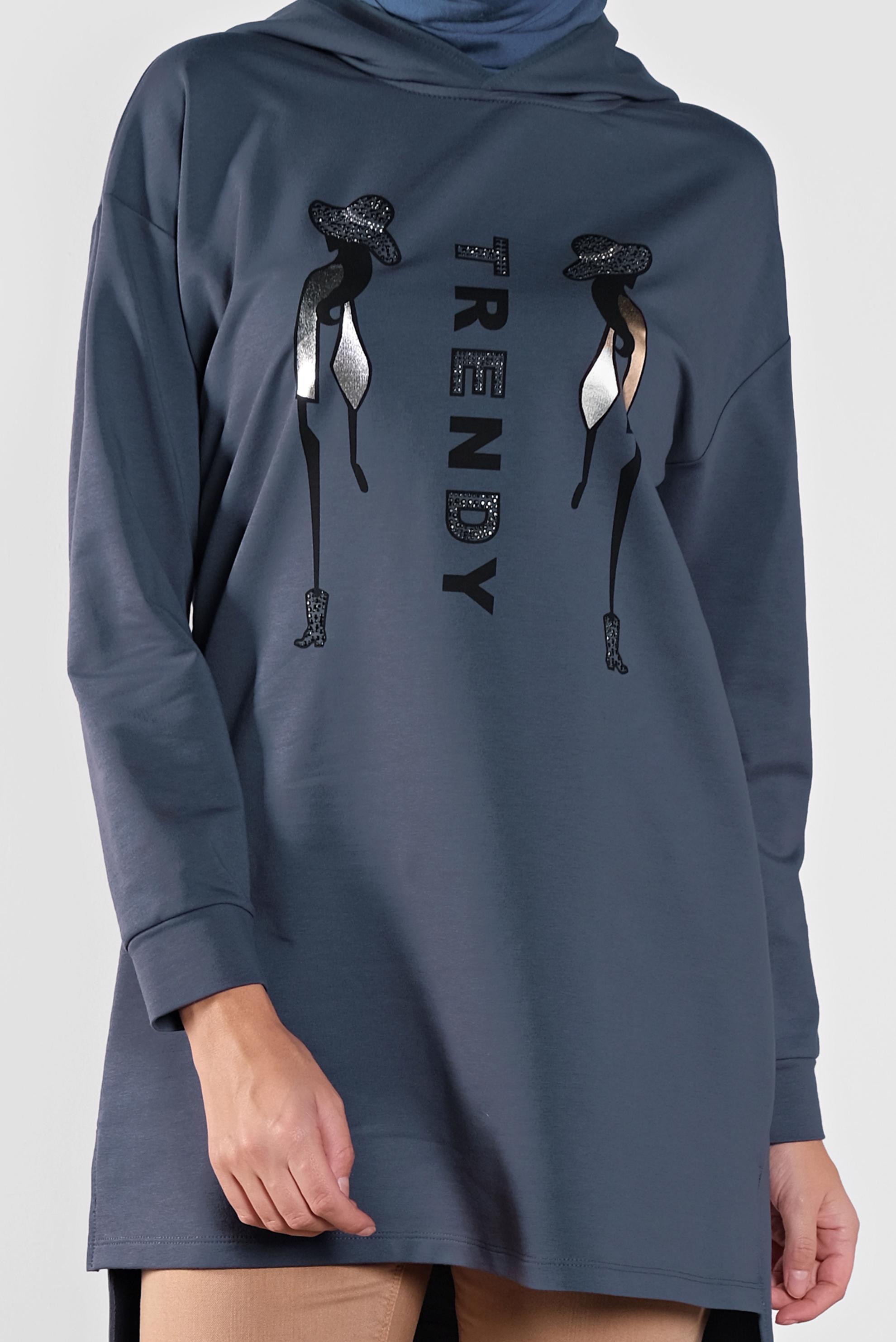 Tesettür giyim LACİVERT PAMUKLU BASKI DETAYLI EŞOFMAN TUNİK  41273