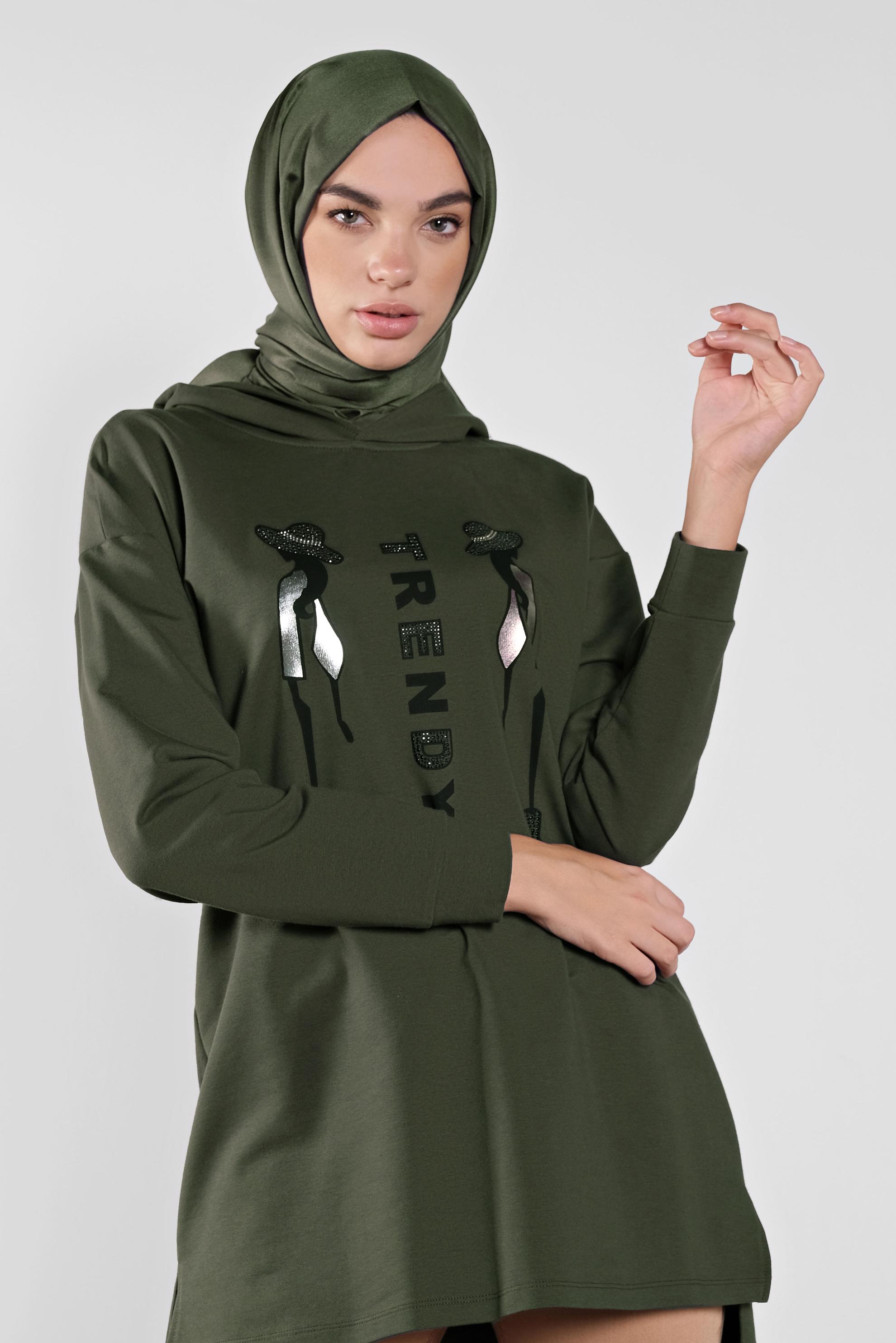 Tesettür giyim HAKİ PAMUKLU BASKI DETAYLI EŞOFMAN TUNİK  41273