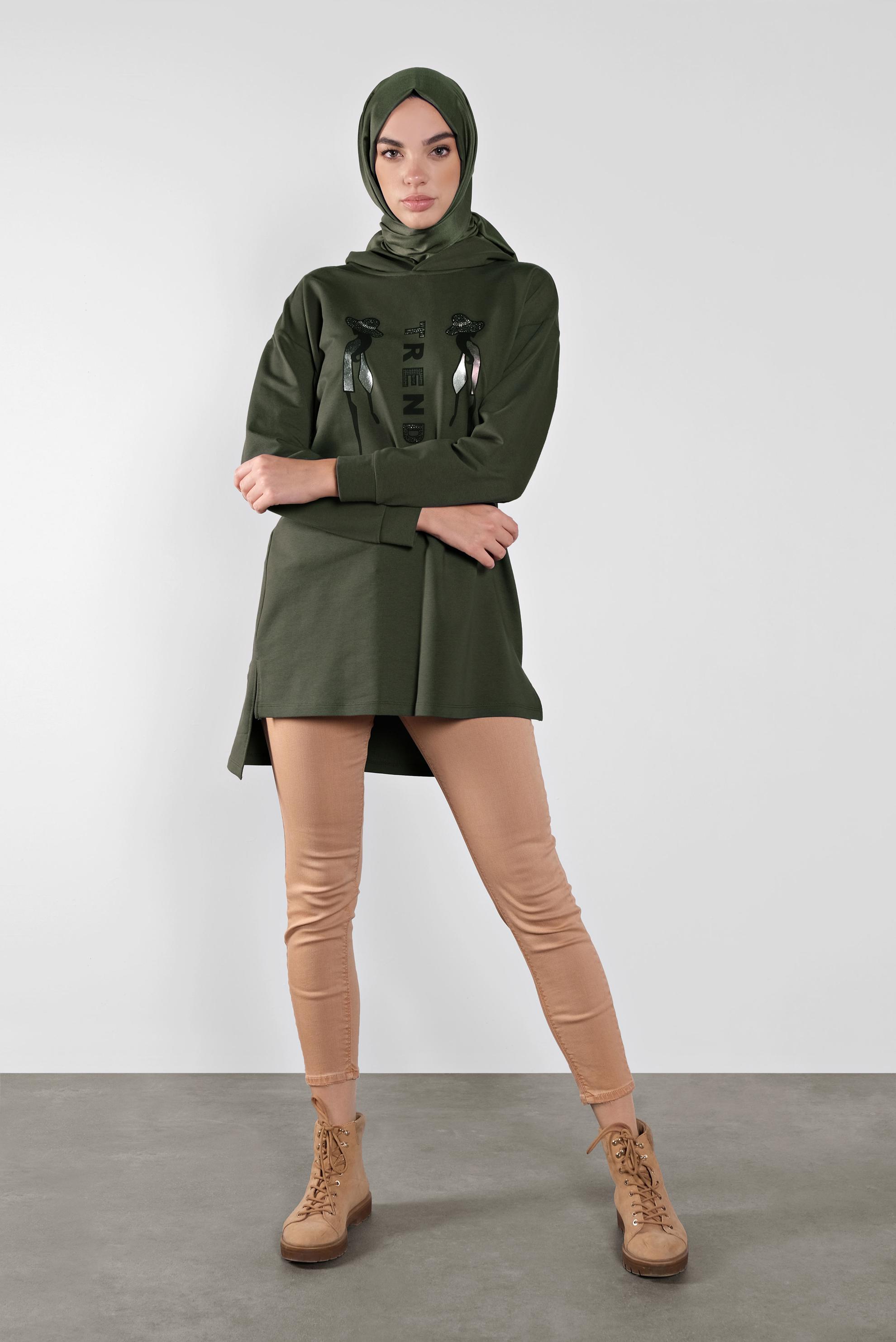 Tesettür giyim HAKİ PAMUKLU BASKI DETAYLI EŞOFMAN TUNİK  41273