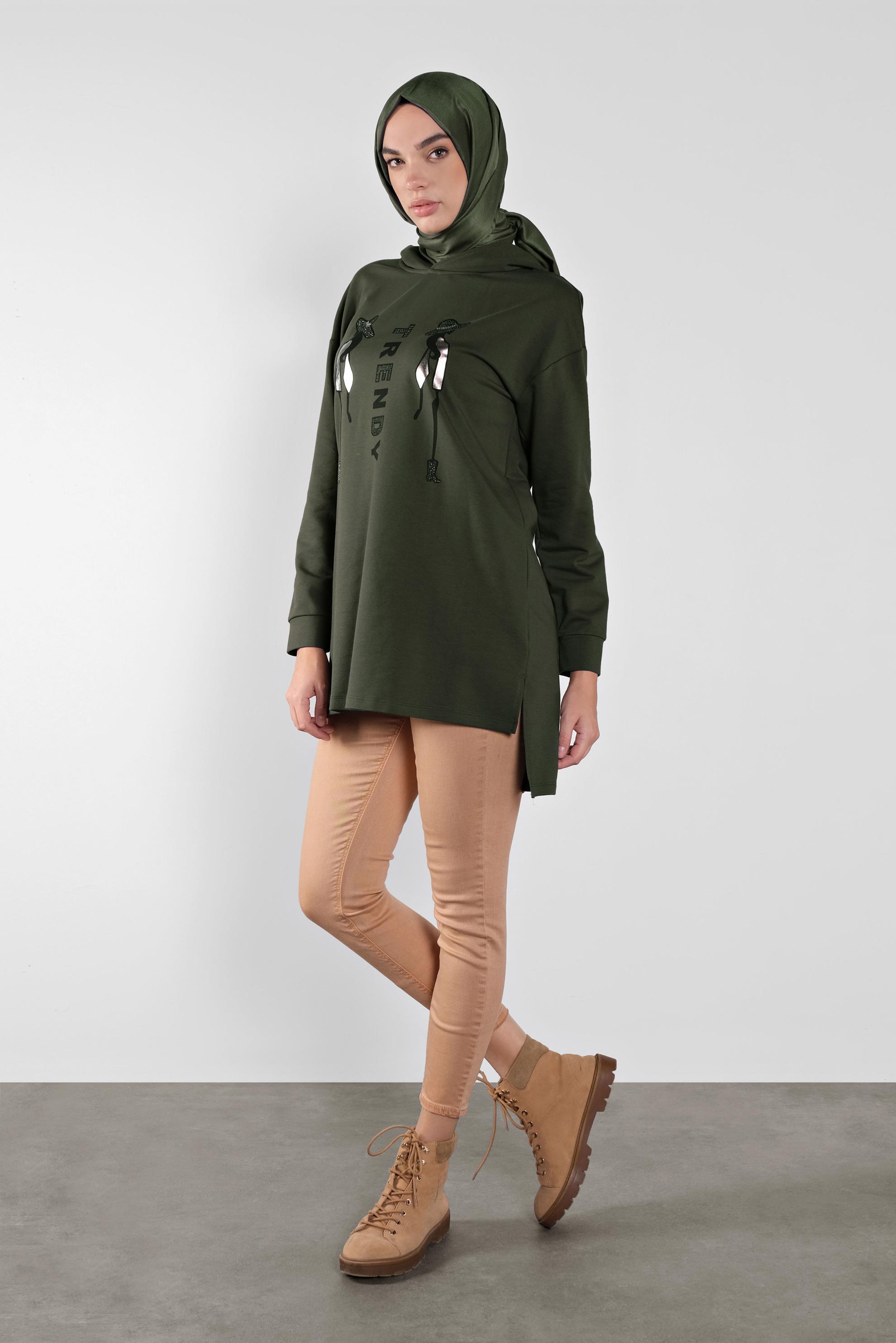 Tesettür giyim HAKİ PAMUKLU BASKI DETAYLI EŞOFMAN TUNİK  41273