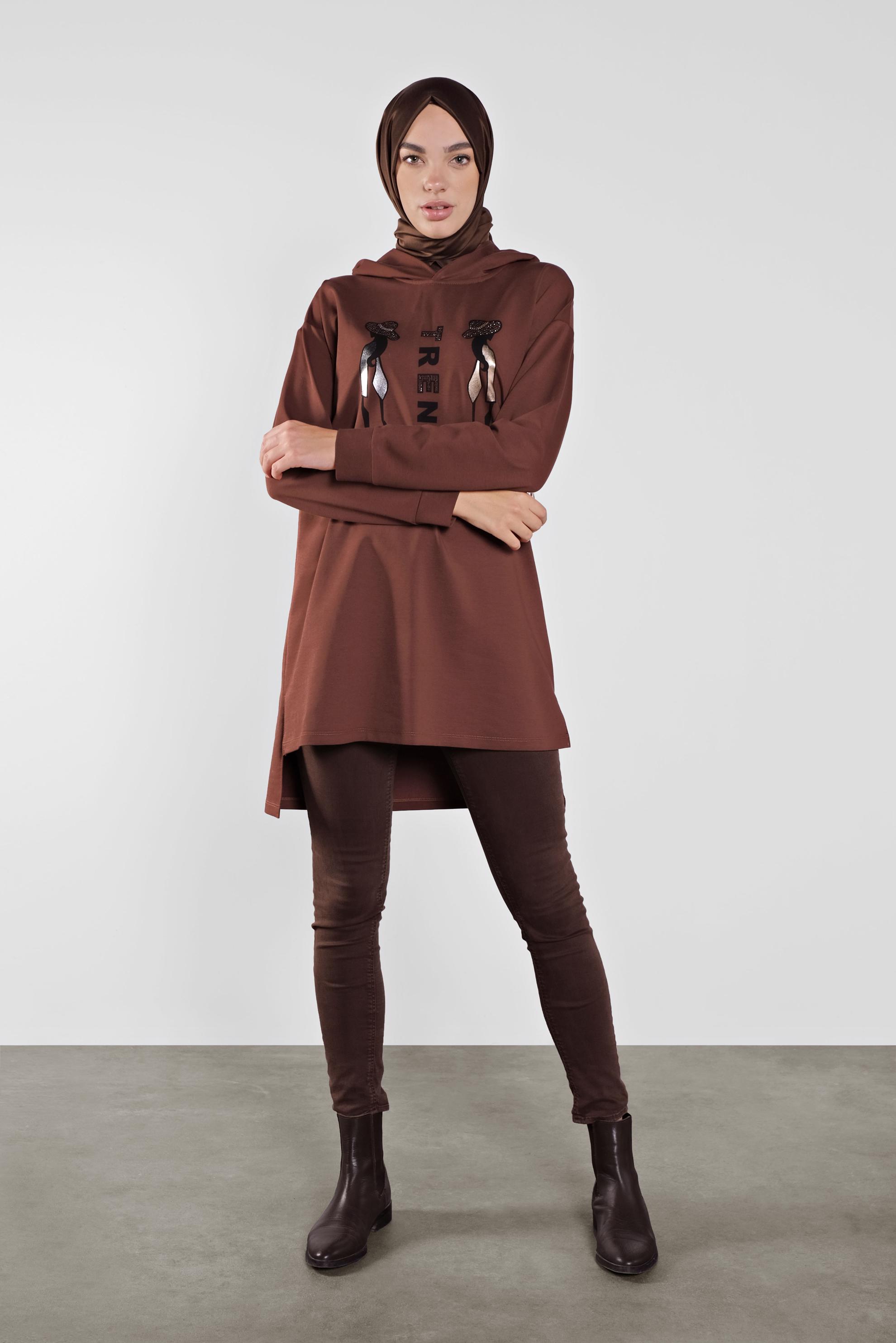 Tesettür giyim BORDO PAMUKLU BASKI DETAYLI EŞOFMAN TUNİK  41273