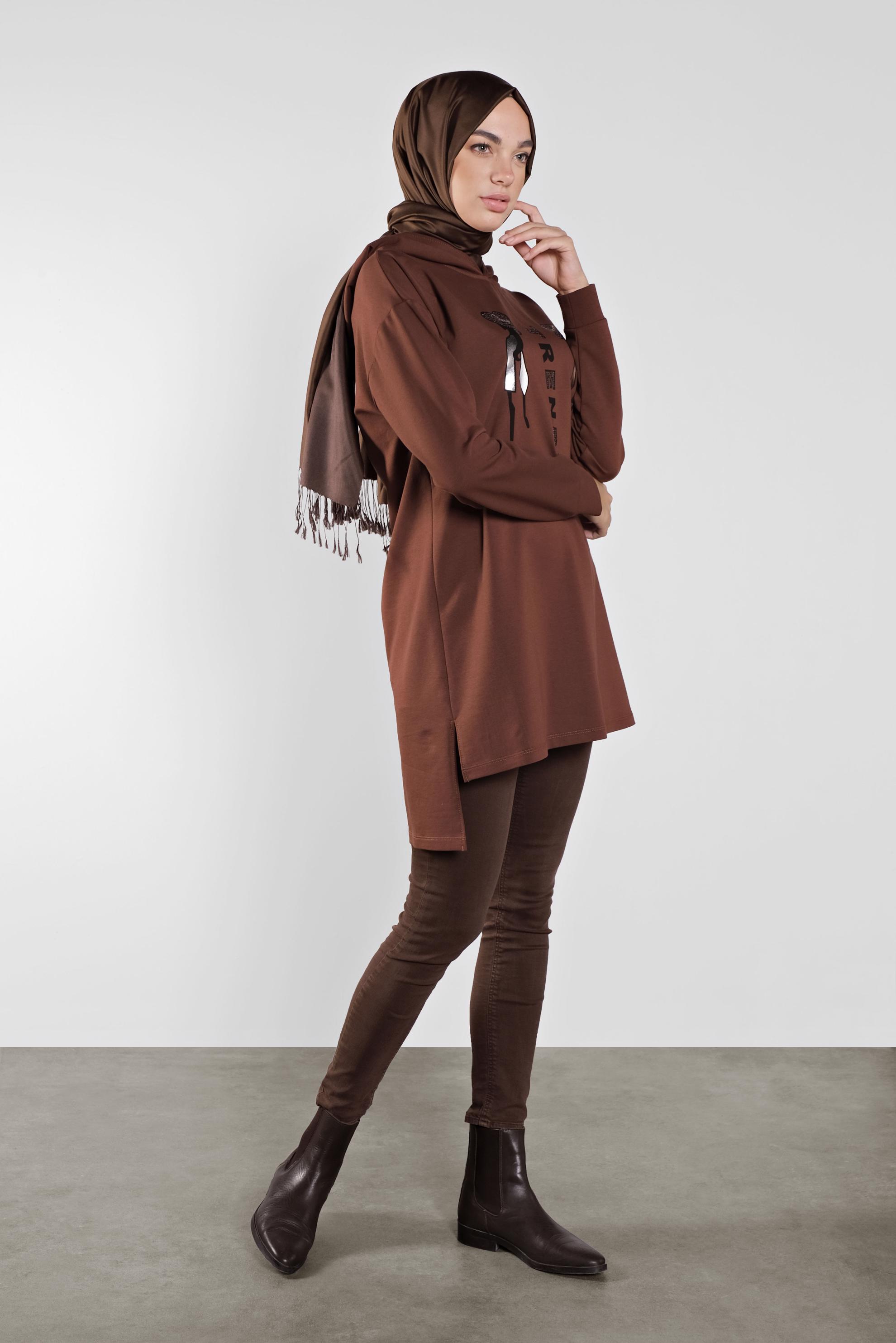 Tesettür giyim BORDO PAMUKLU BASKI DETAYLI EŞOFMAN TUNİK  41273