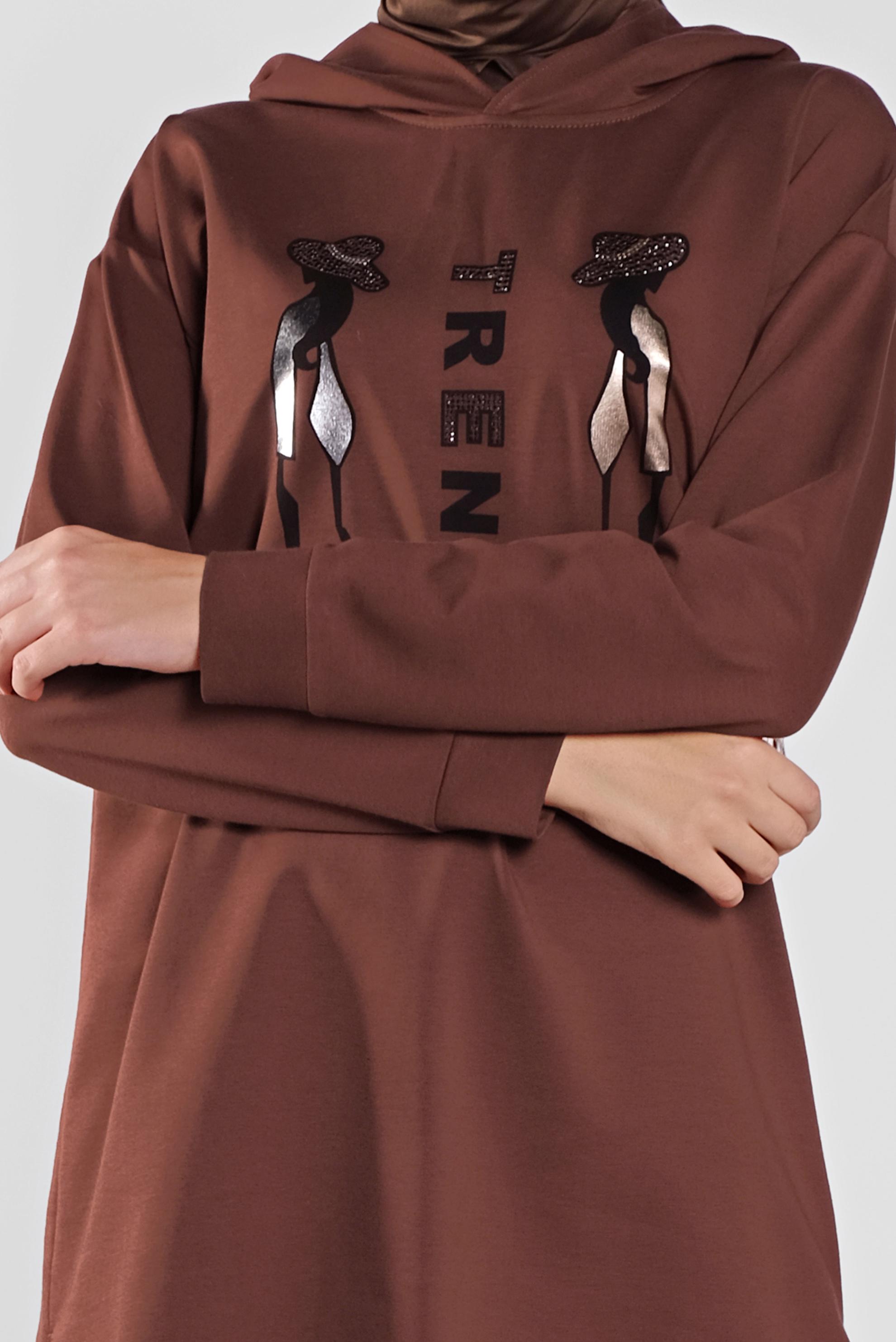 Tesettür giyim BORDO PAMUKLU BASKI DETAYLI EŞOFMAN TUNİK  41273