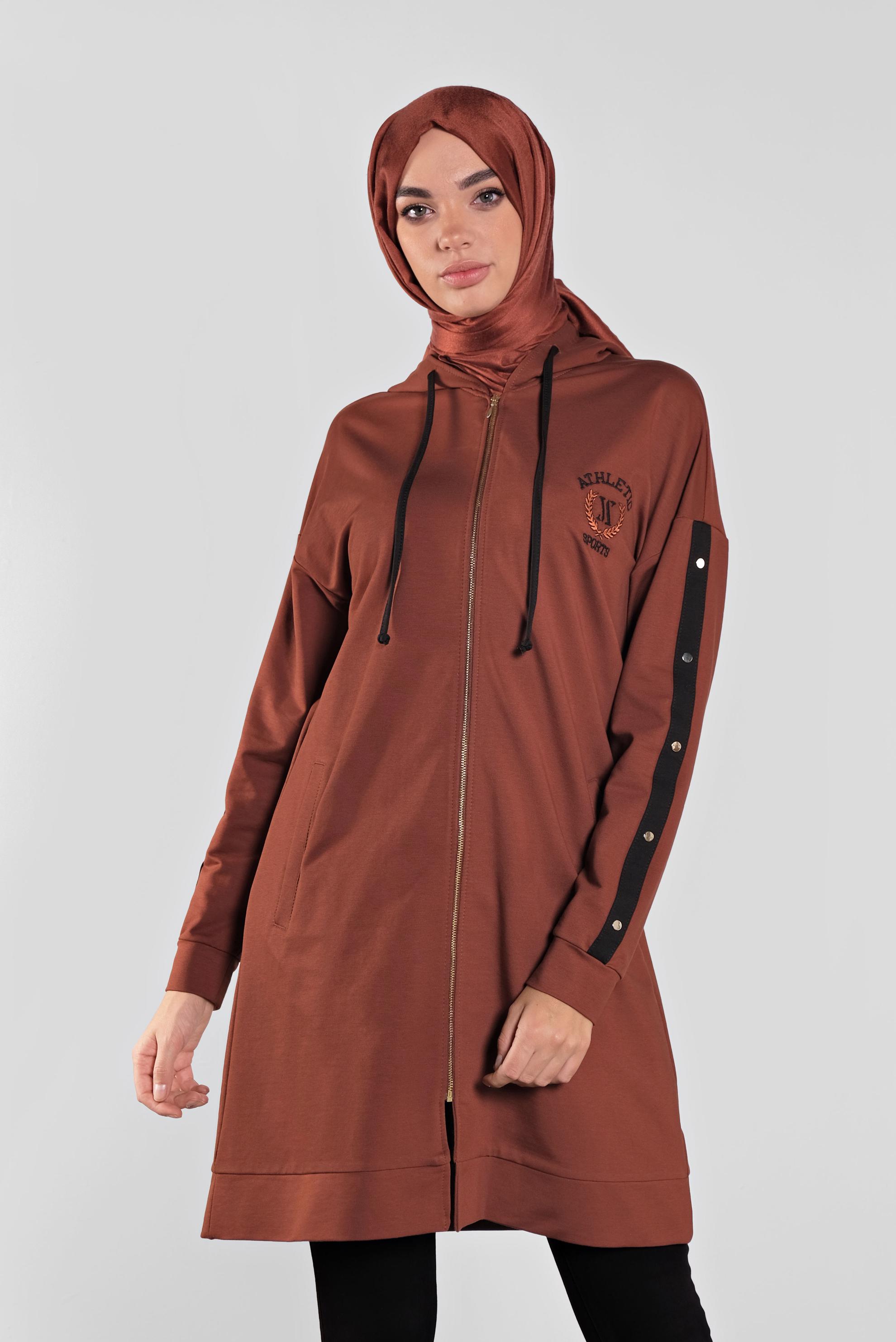 Tesettür giyim TURUNCU NAKIŞ VE ŞERİT DETAYLI PAMUKLU EŞOFMAN TUNİK 41274