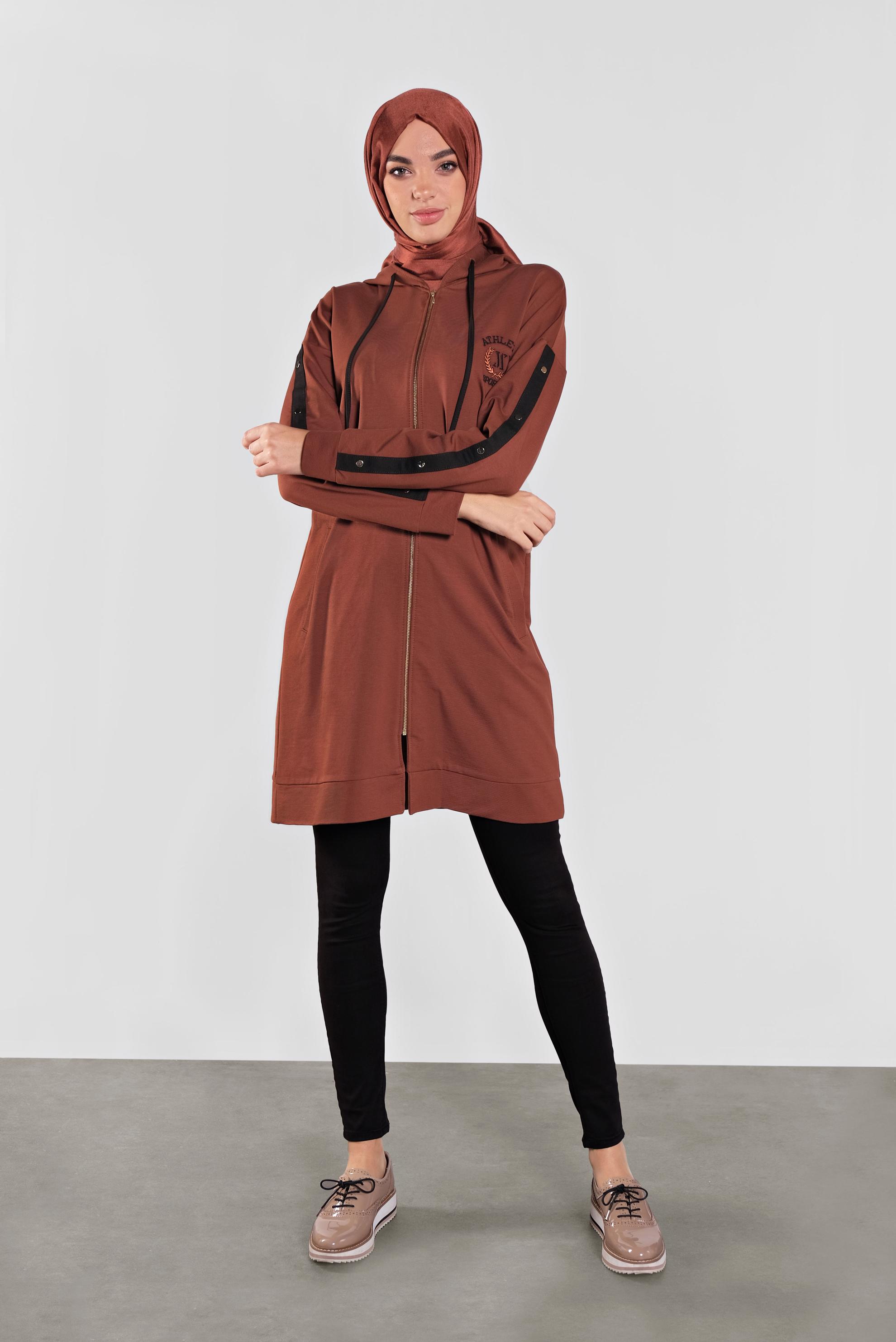 Tesettür giyim TURUNCU NAKIŞ VE ŞERİT DETAYLI PAMUKLU EŞOFMAN TUNİK 41274