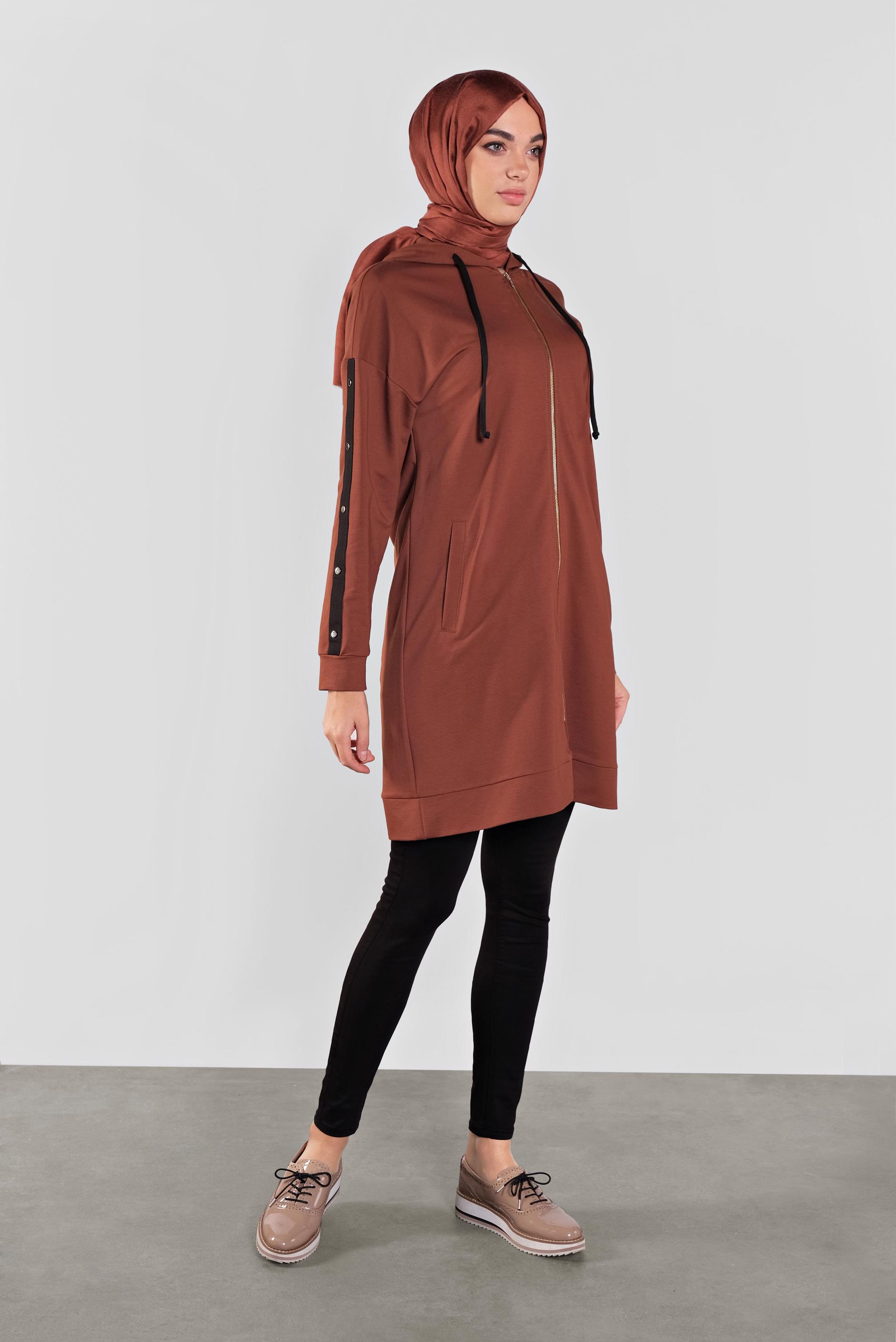 Tesettür giyim TURUNCU NAKIŞ VE ŞERİT DETAYLI PAMUKLU EŞOFMAN TUNİK 41274