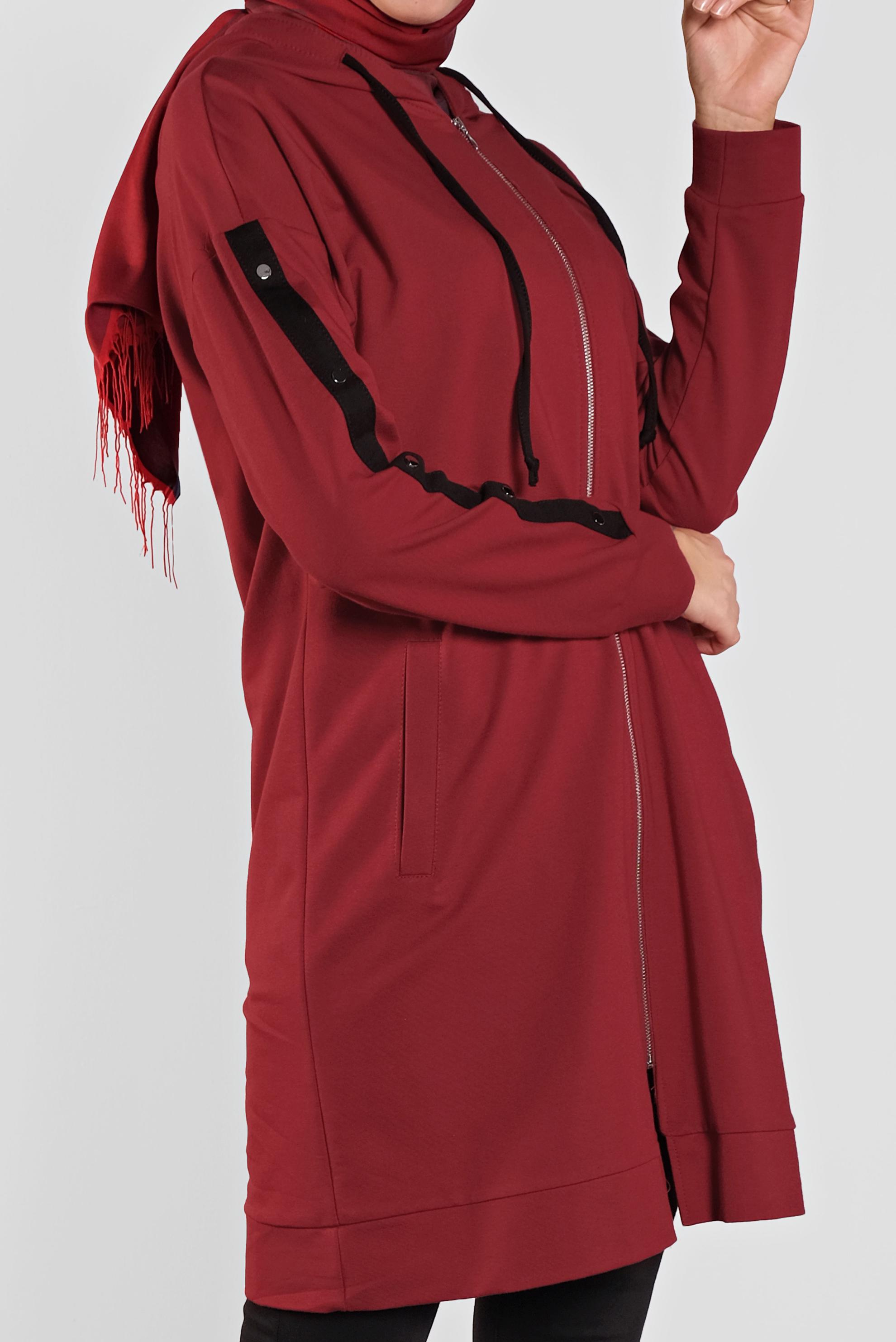 Tesettür giyim KIRMIZI NAKIŞ VE ŞERİT DETAYLI PAMUKLU EŞOFMAN TUNİK 41274