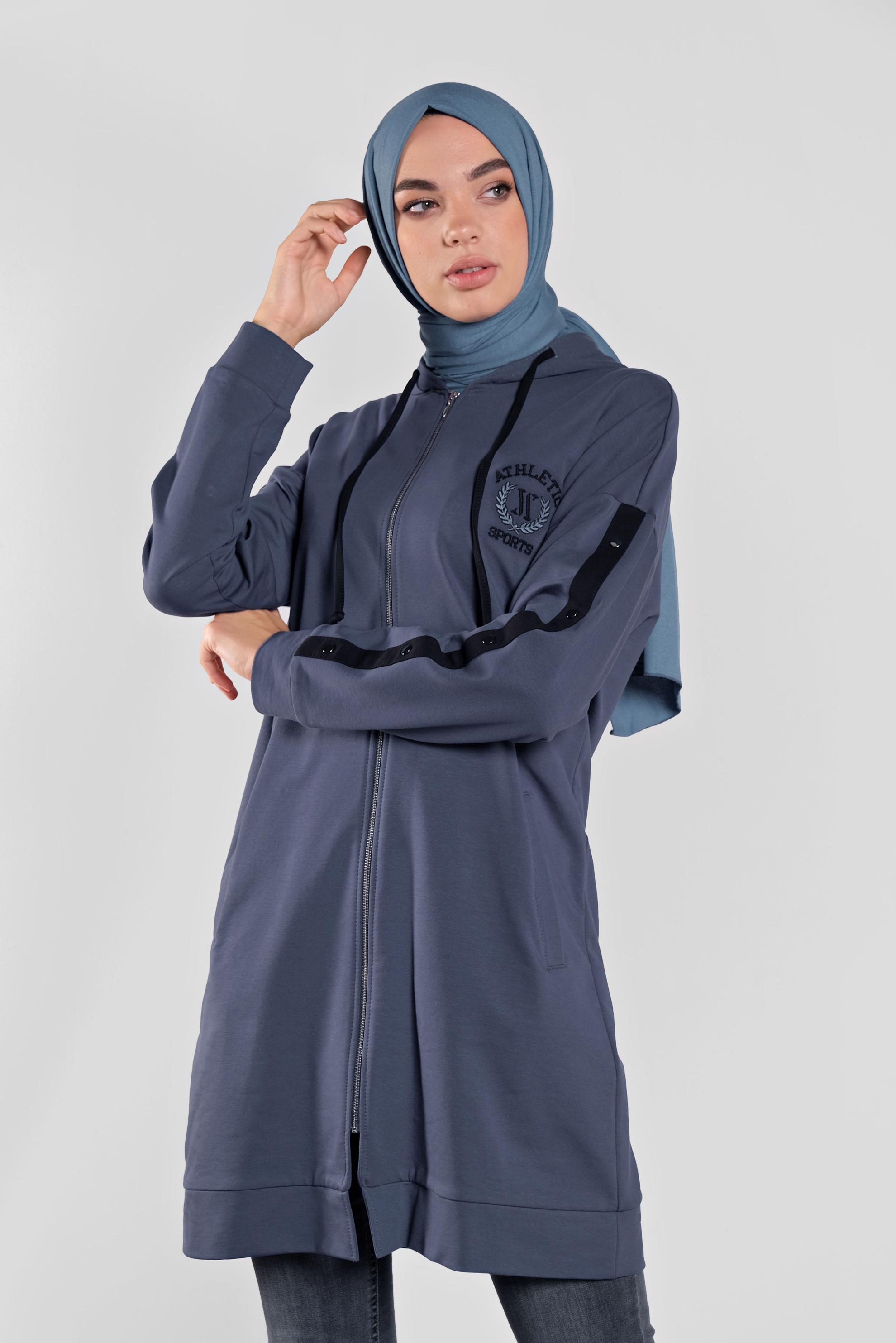 Tesettür giyim LACİVERT NAKIŞ VE ŞERİT DETAYLI PAMUKLU EŞOFMAN TUNİK 41274