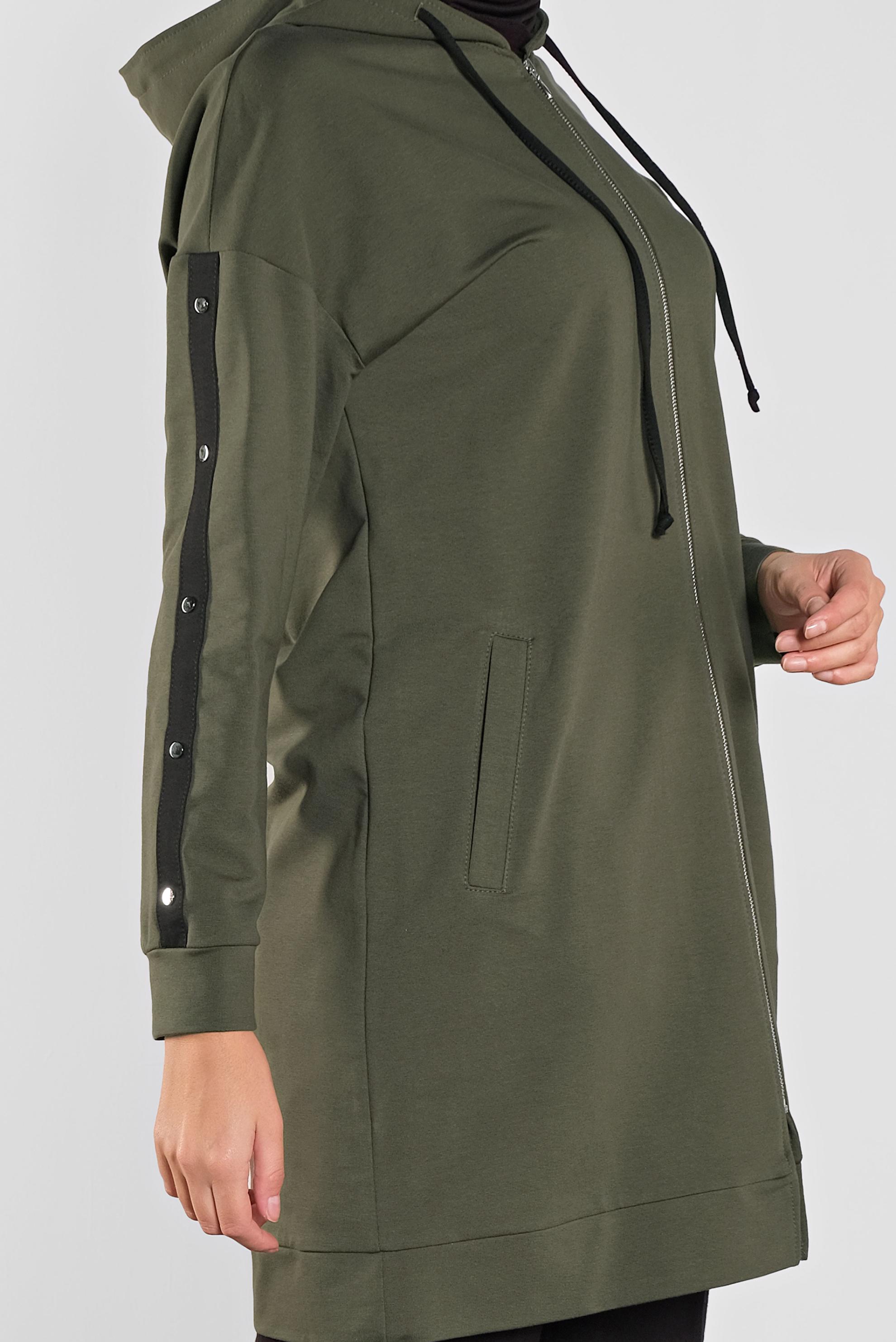 Tesettür giyim HAKİ NAKIŞ VE ŞERİT DETAYLI PAMUKLU EŞOFMAN TUNİK 41274