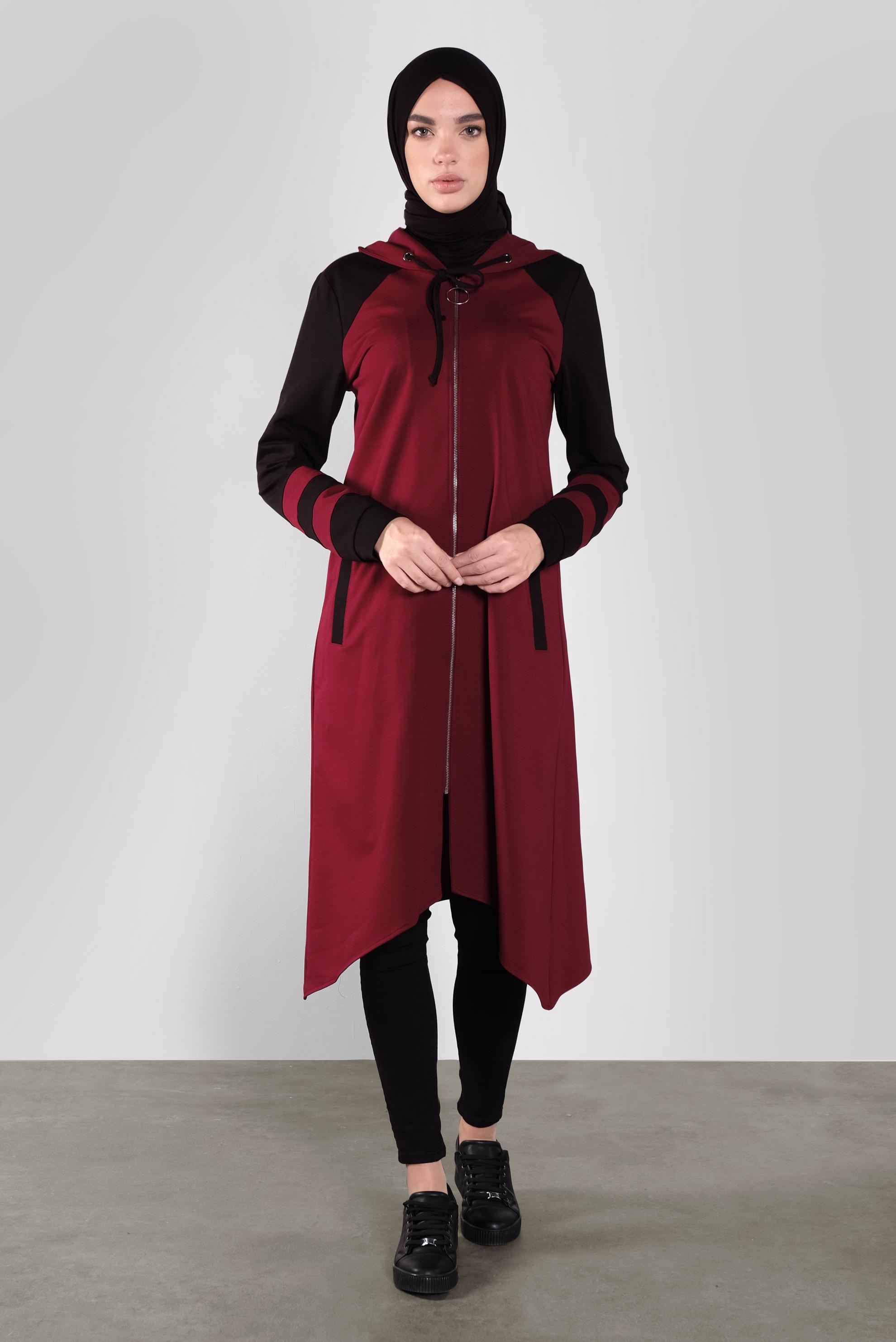 Tesettür giyim BORDO ASİMETRİK KESİM EŞOFMAN TUNİK 41275 