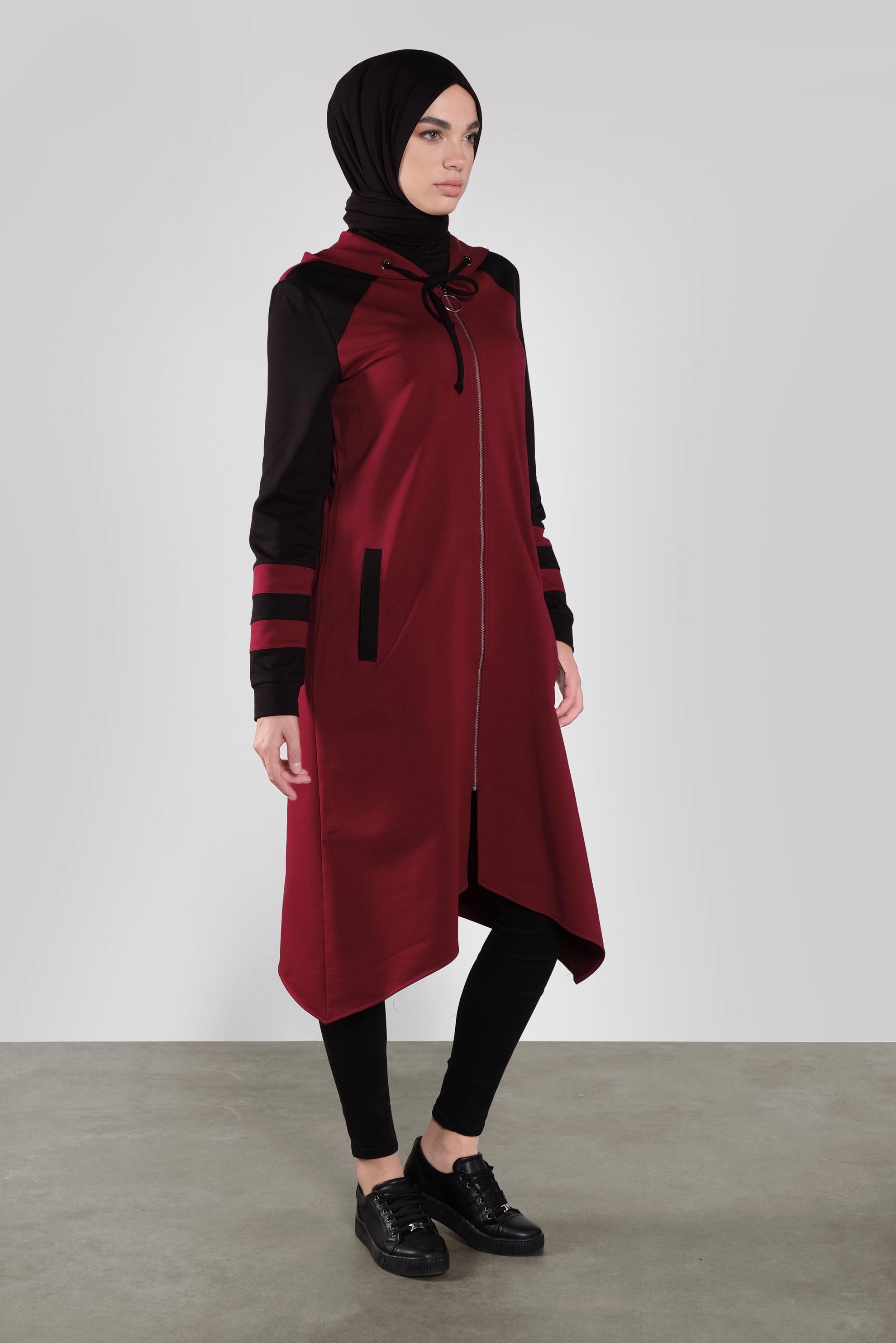Tesettür giyim BORDO ASİMETRİK KESİM EŞOFMAN TUNİK 41275 