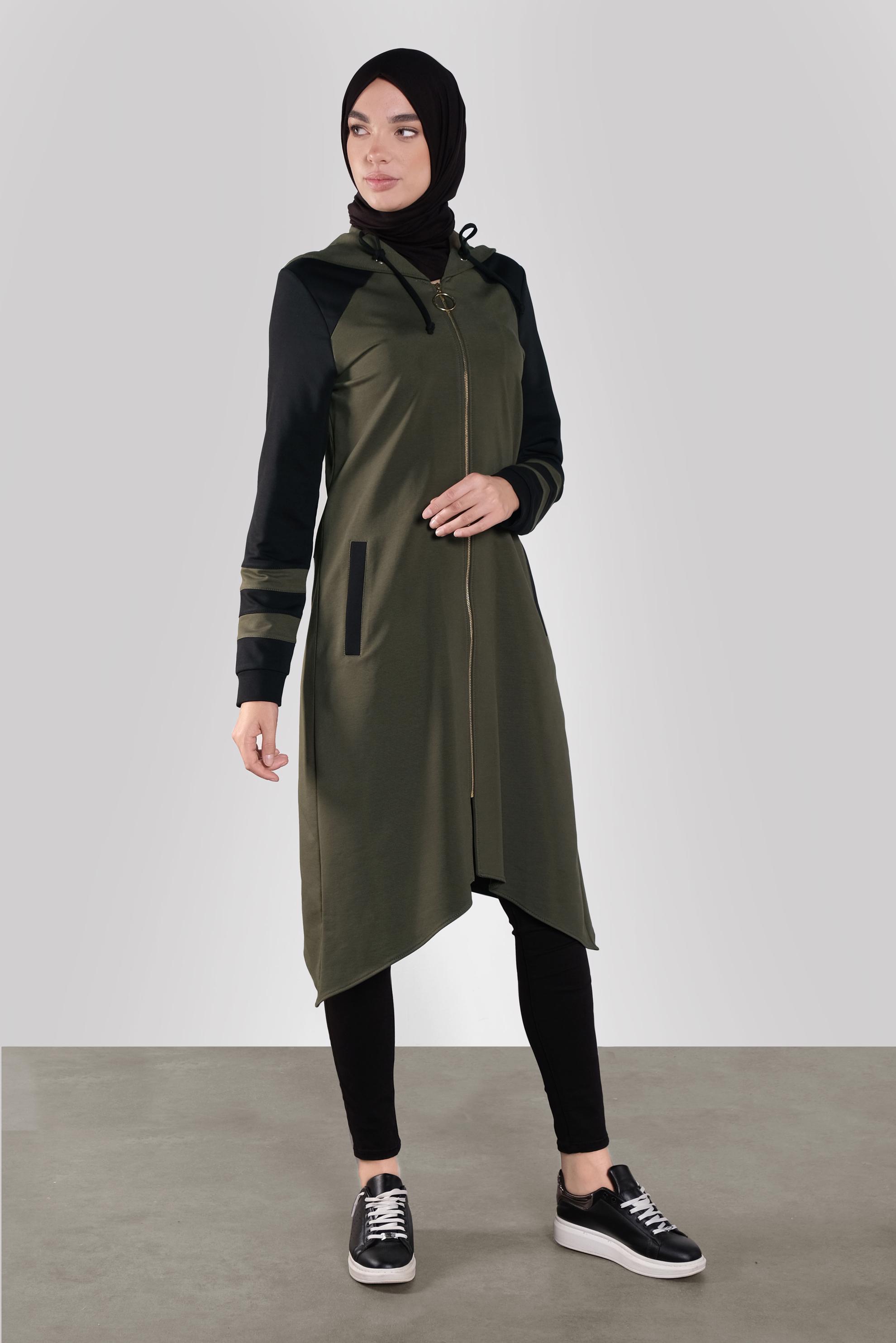 Tesettür giyim HAKİ ASİMETRİK KESİM EŞOFMAN TUNİK 41275 