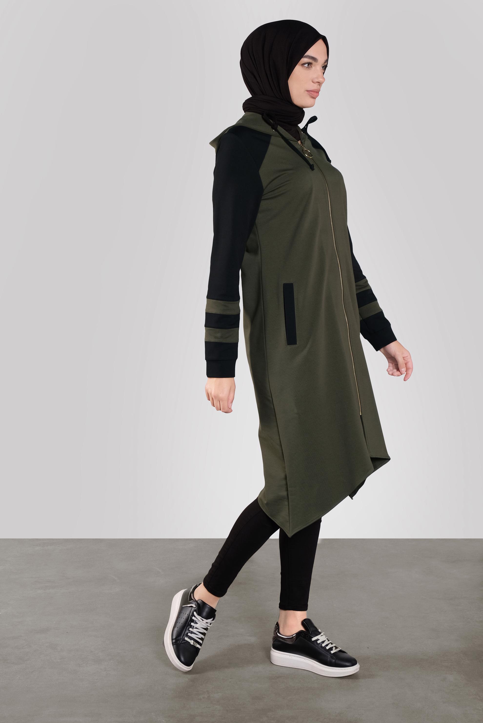 Tesettür giyim HAKİ ASİMETRİK KESİM EŞOFMAN TUNİK 41275 