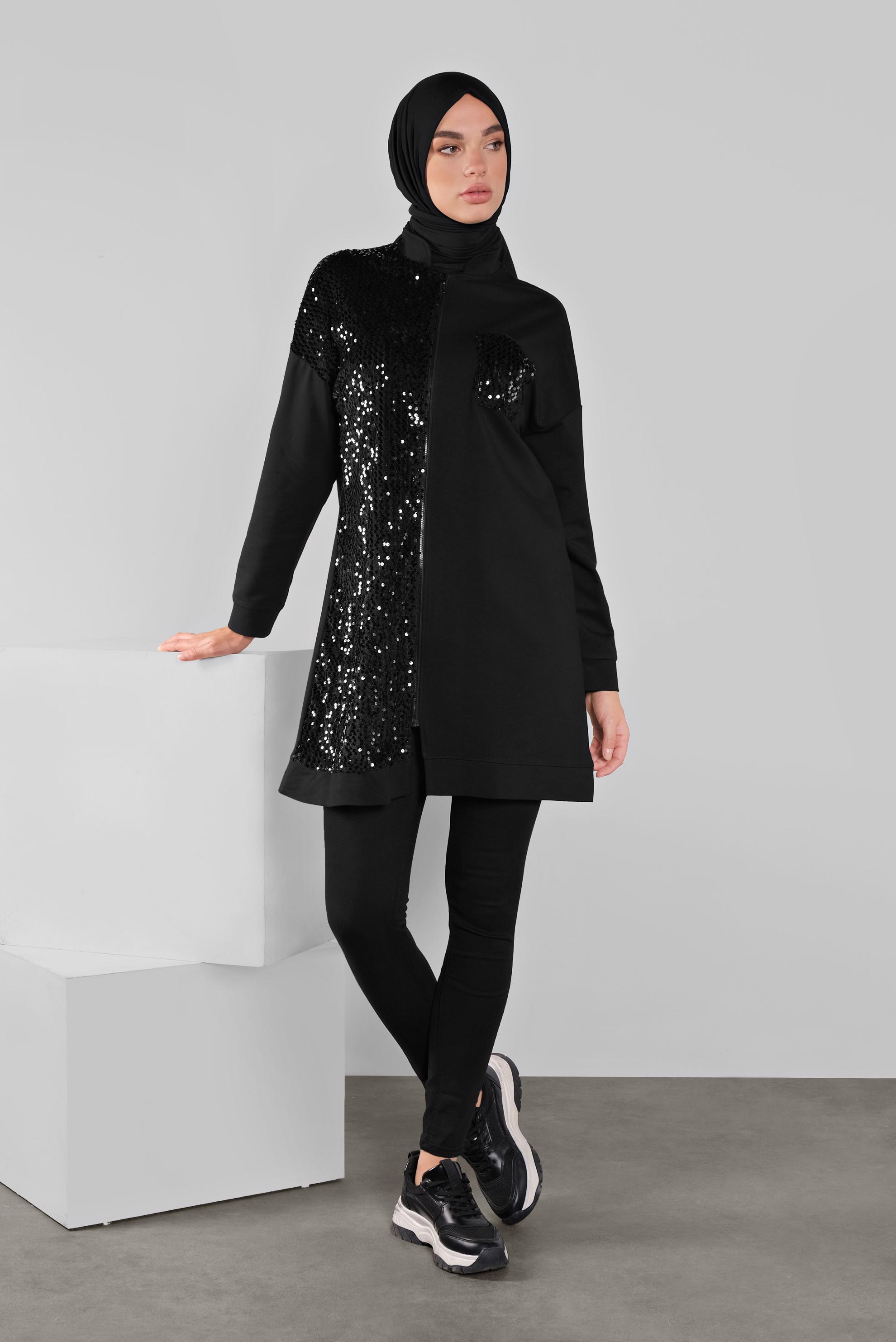 Tesettür giyim SİYAH PAMUKLU PUL PAYETLİ EŞOFMAN TUNİK 41276 