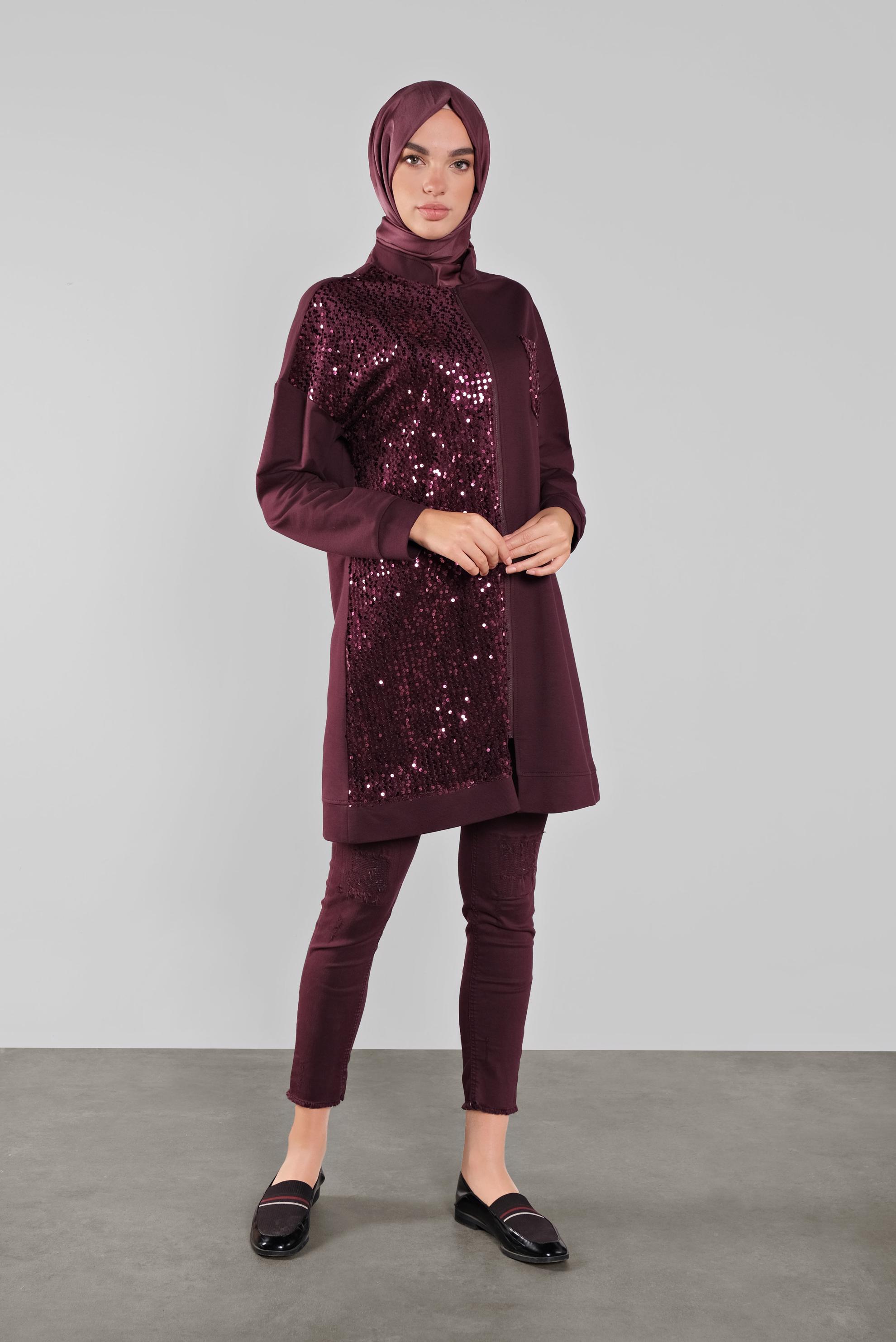 Tesettür giyim MÜRDÜM PAMUKLU PUL PAYETLİ EŞOFMAN TUNİK 41276 