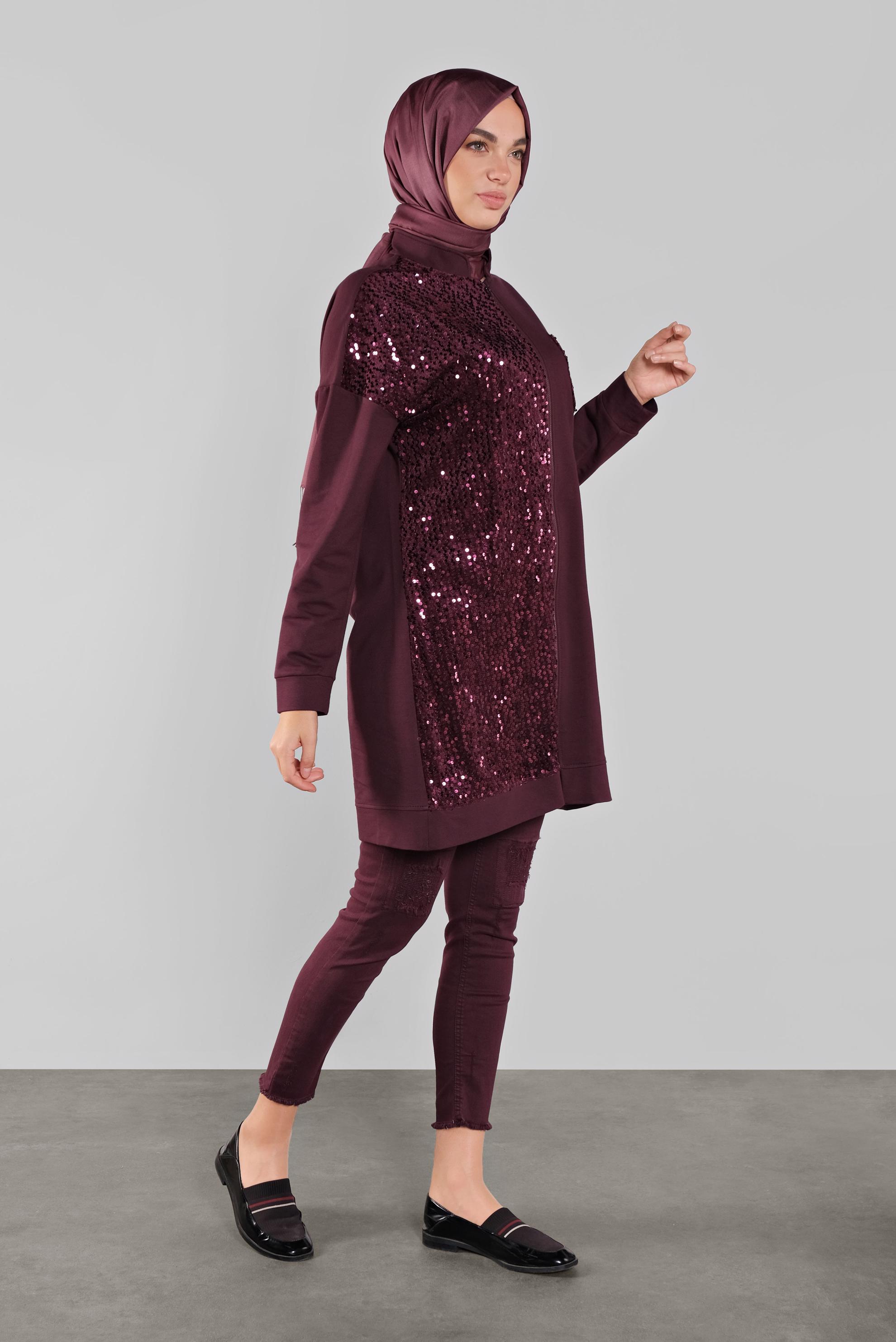 Tesettür giyim MÜRDÜM PAMUKLU PUL PAYETLİ EŞOFMAN TUNİK 41276 
