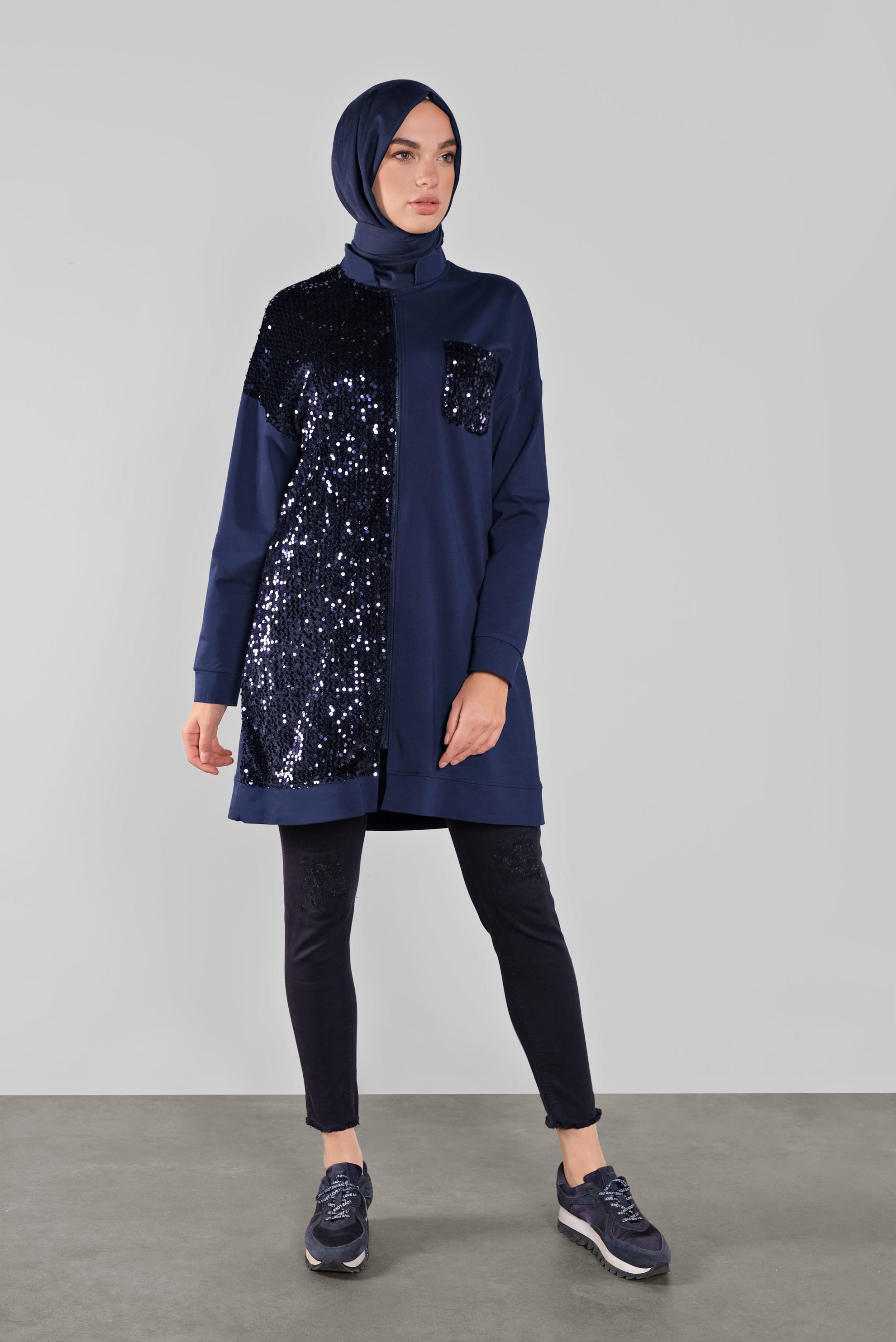 Tesettür giyim LACİVERT PAMUKLU PUL PAYETLİ EŞOFMAN TUNİK 41276 
