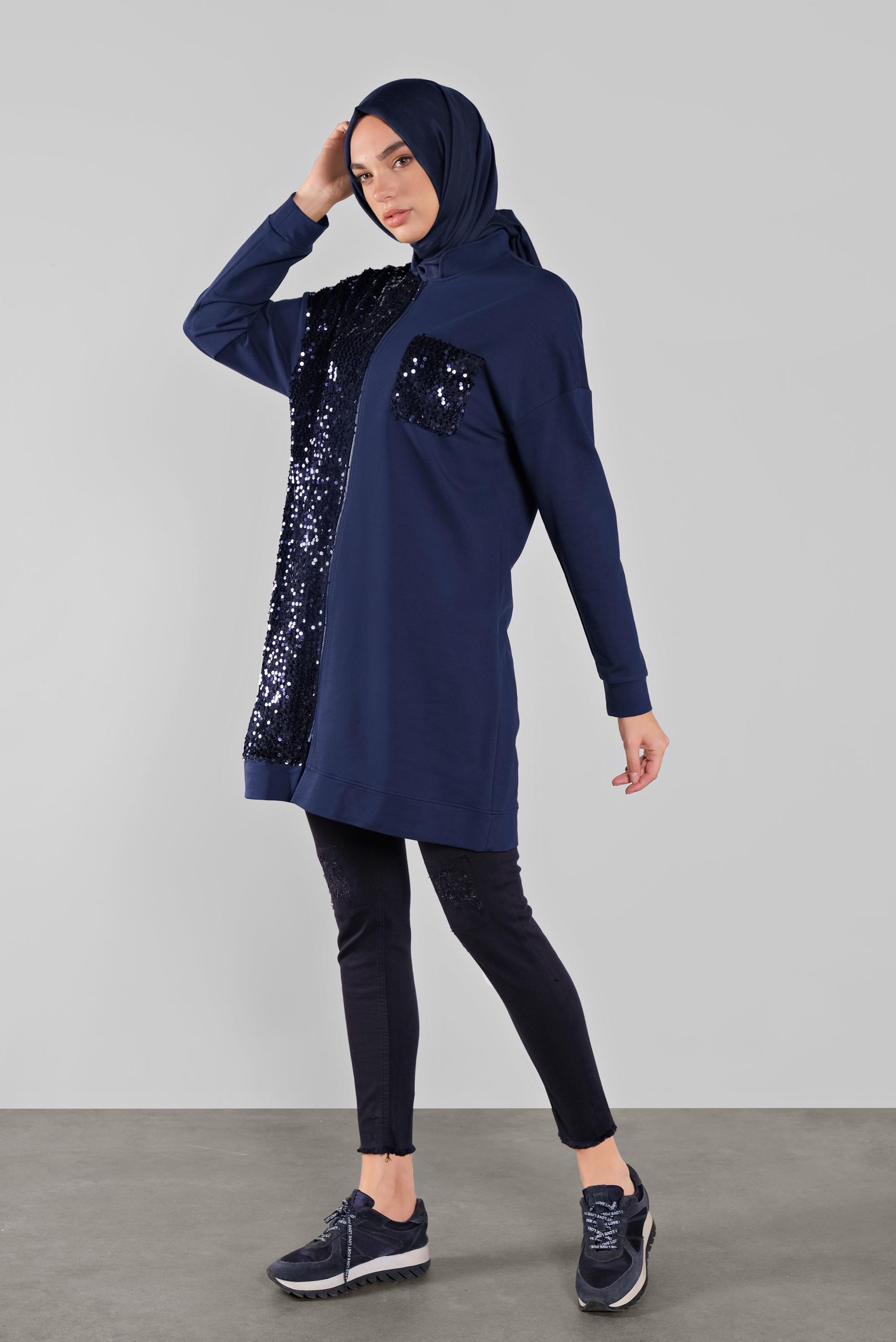 Tesettür giyim LACİVERT PAMUKLU PUL PAYETLİ EŞOFMAN TUNİK 41276 