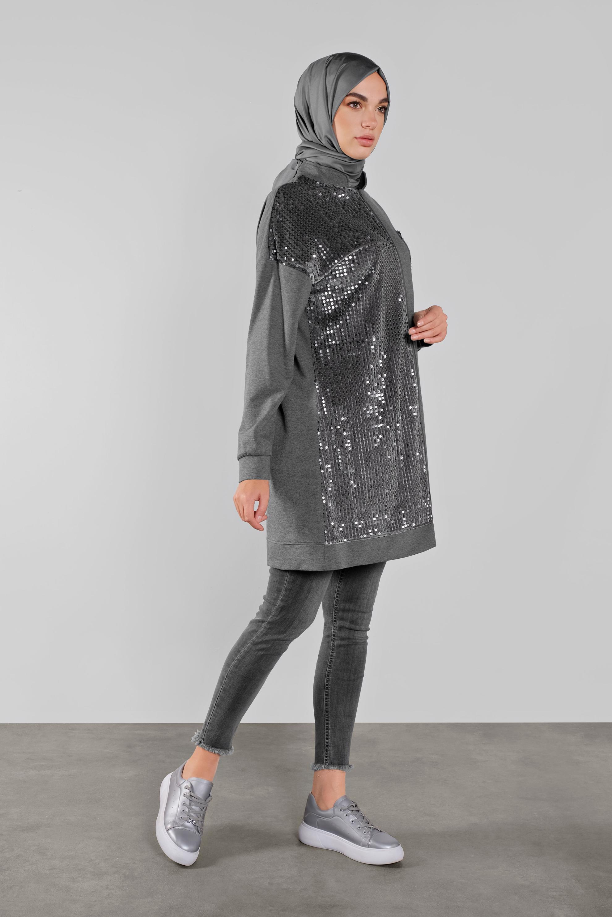 Tesettür giyim GRİ PAMUKLU PUL PAYETLİ EŞOFMAN TUNİK 41276 