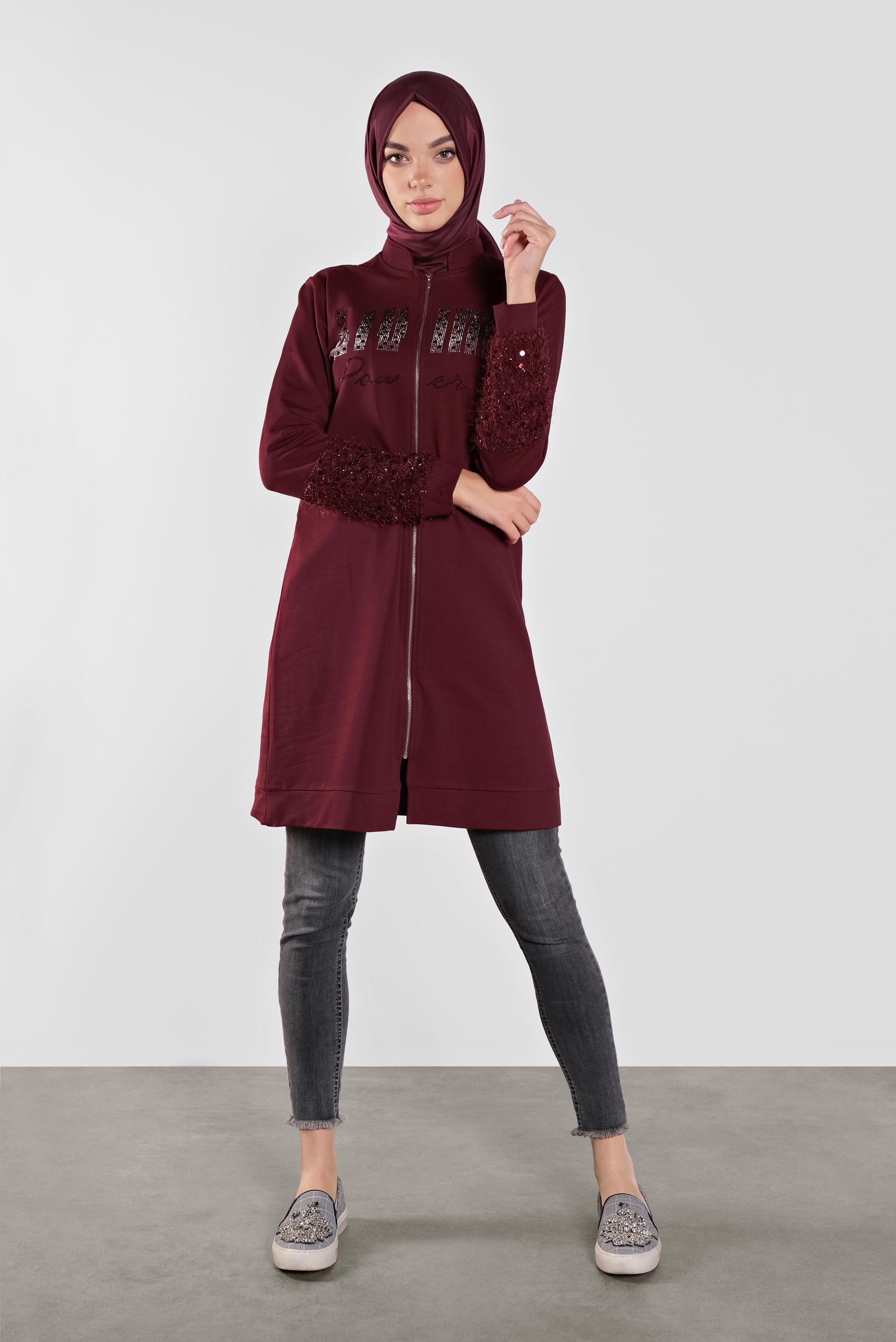 Tesettür giyim BORDO TAŞ BASKILI EŞOFMAN TUNİK 41277 