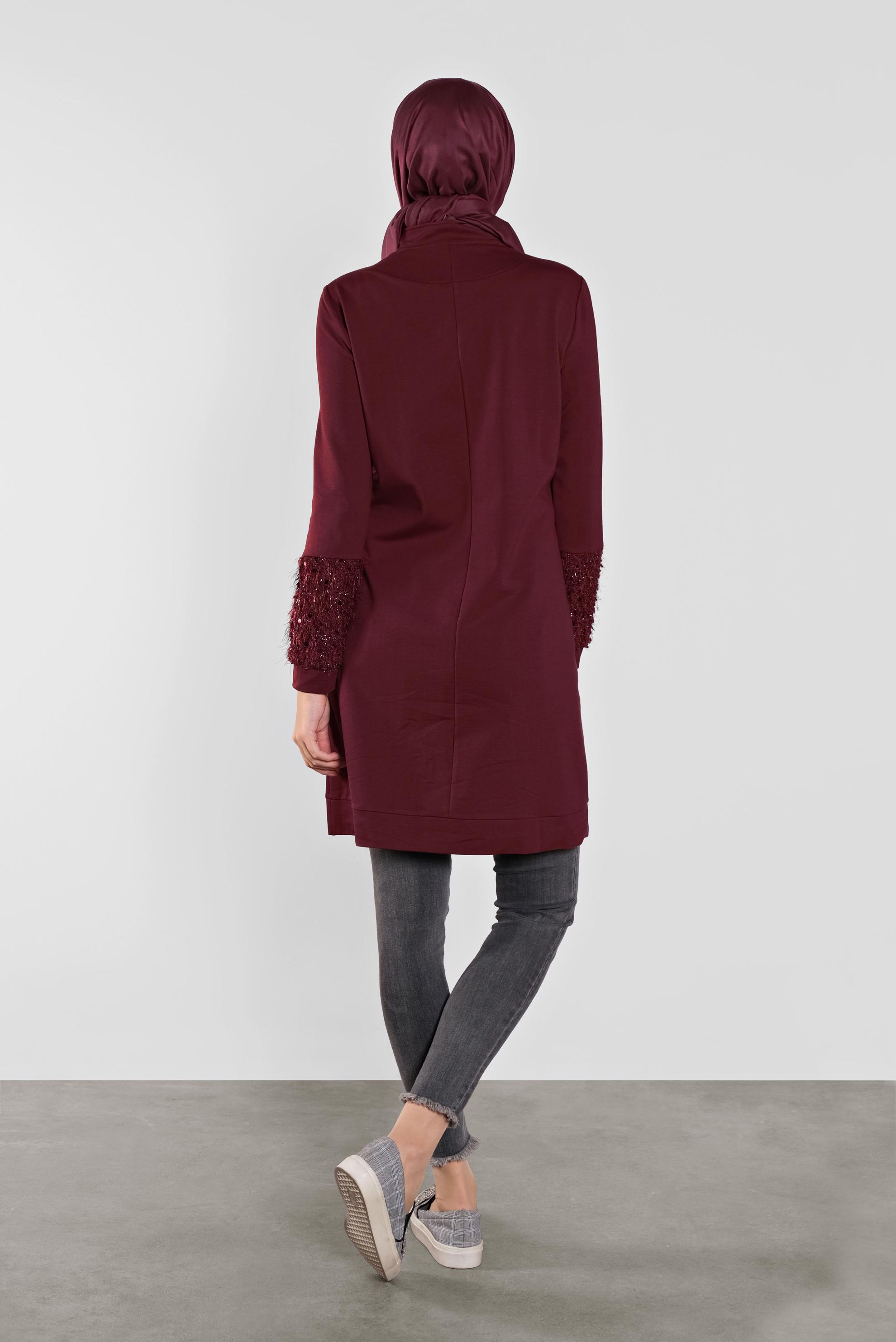 Tesettür giyim BORDO TAŞ BASKILI EŞOFMAN TUNİK 41277 