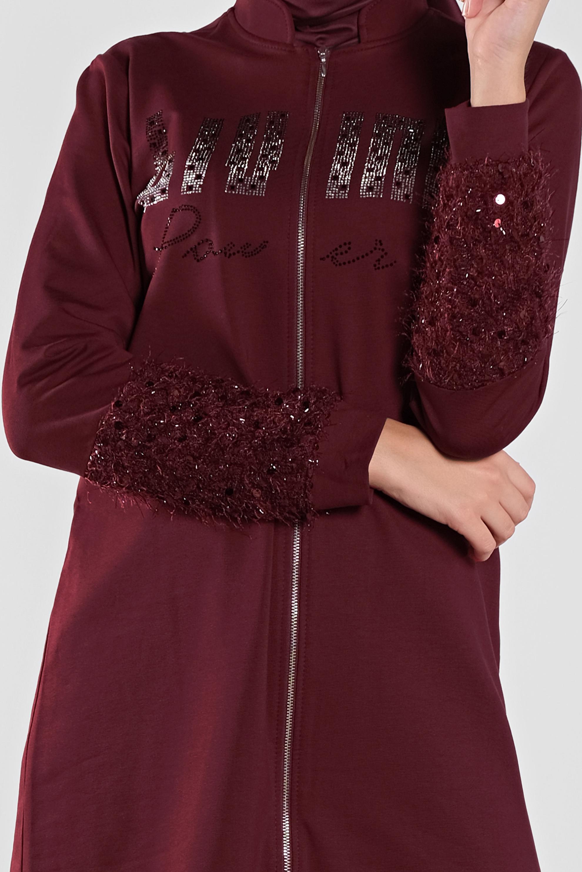 Tesettür giyim BORDO TAŞ BASKILI EŞOFMAN TUNİK 41277 