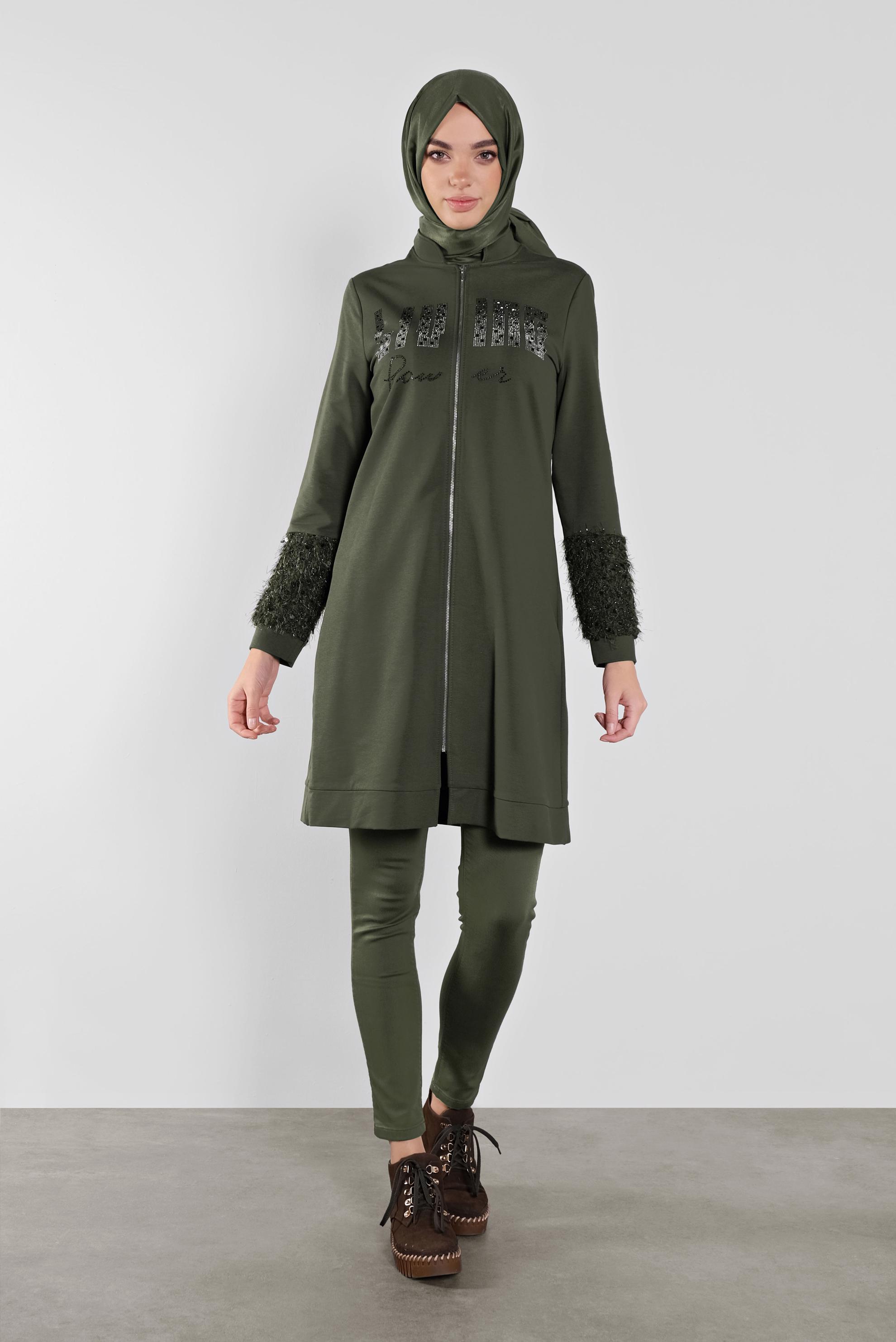 Tesettür giyim HAKİ TAŞ BASKILI EŞOFMAN TUNİK 41277 