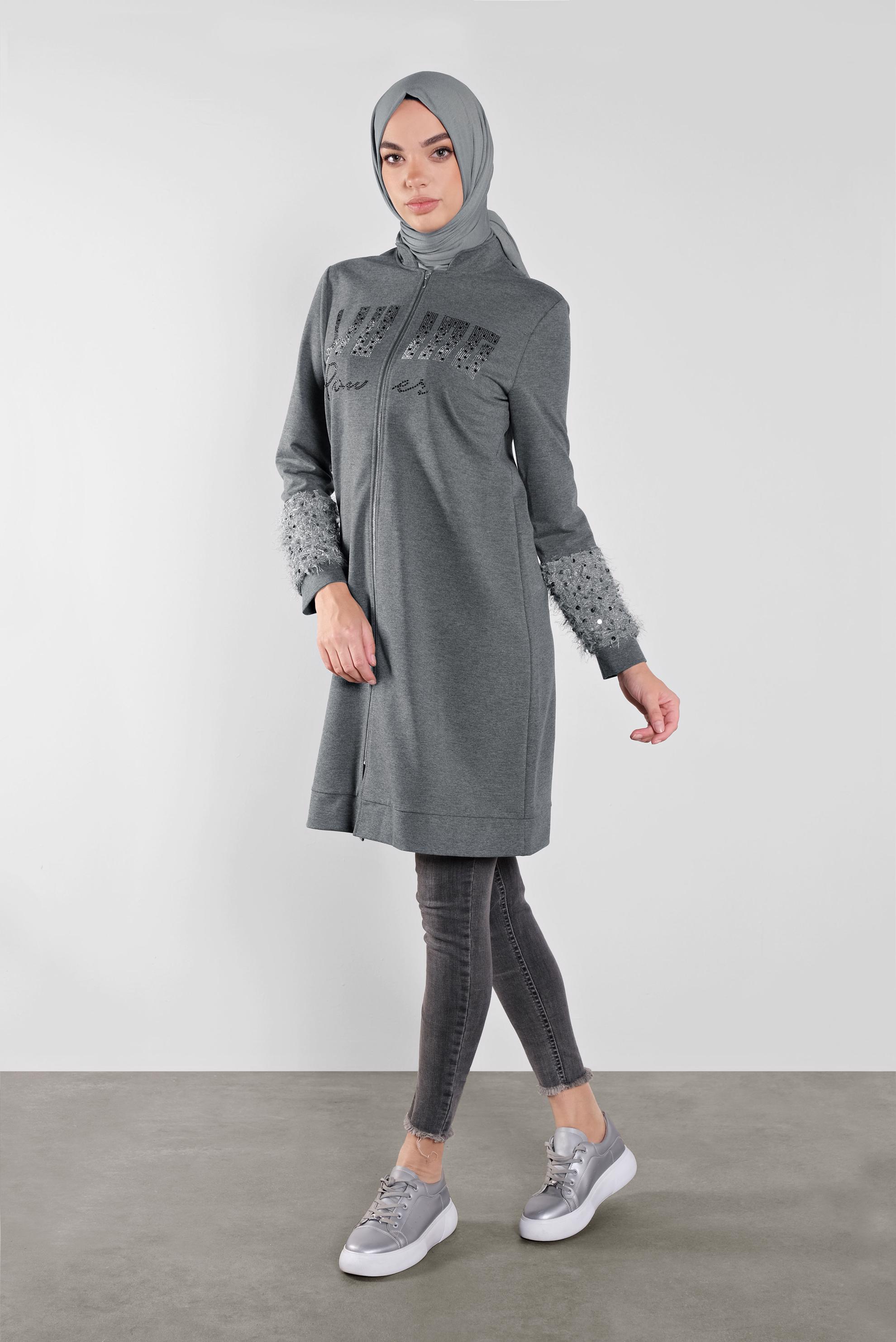 Tesettür giyim GRİ TAŞ BASKILI EŞOFMAN TUNİK 41277 