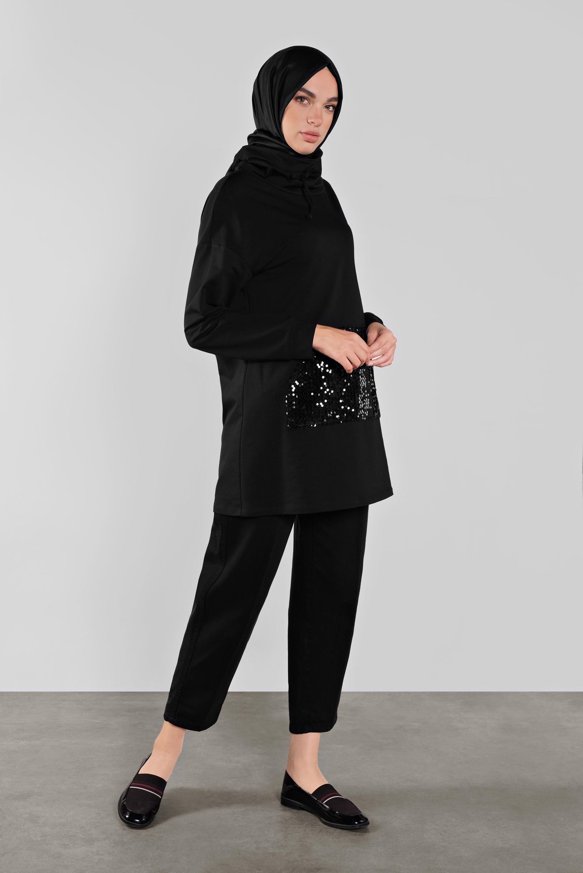 Tesettür giyim SİYAH BOĞAZLI  PULLU EŞOFMAN TUNİK 41278 