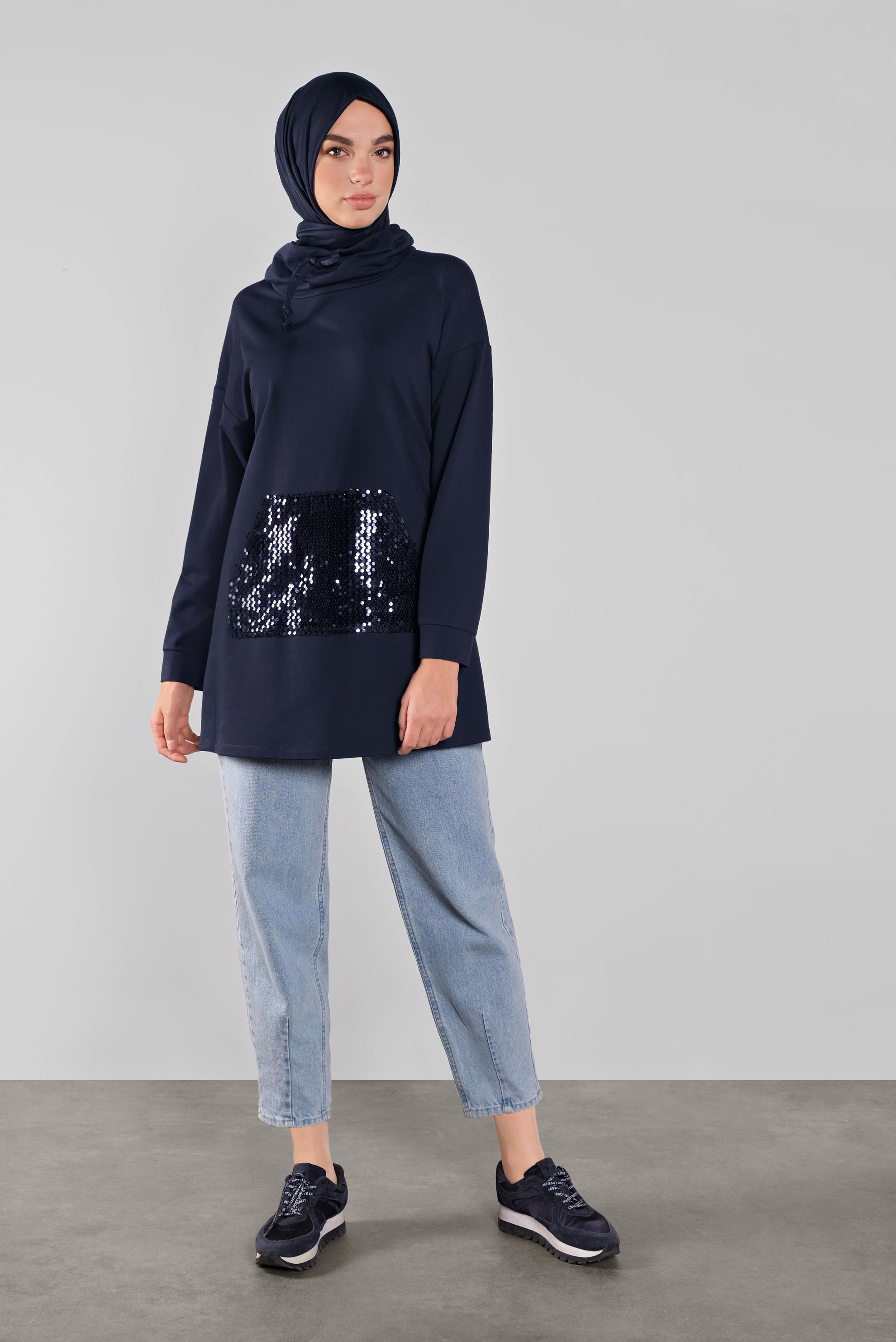 Tesettür giyim LACİVERT BOĞAZLI  PULLU EŞOFMAN TUNİK 41278 